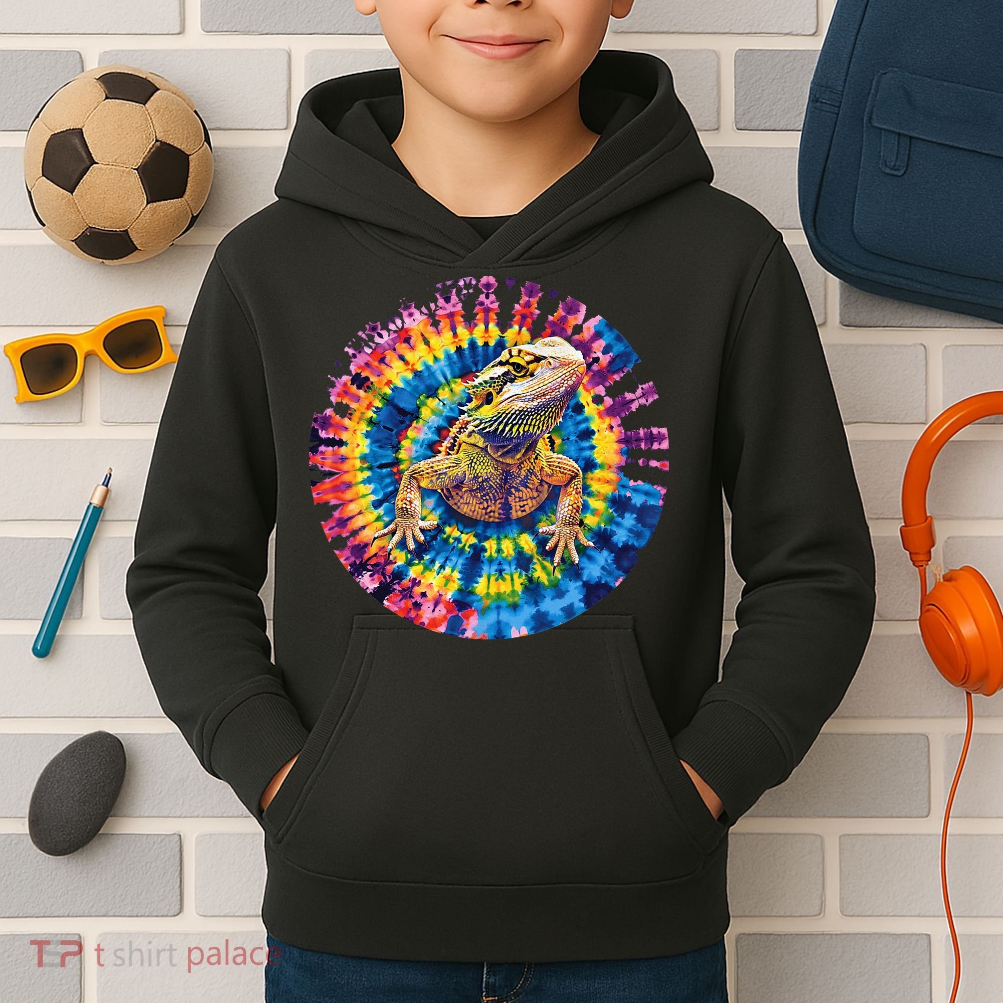 Lizard Bearded Dragon Reptile Tie Dye Spiral Rainbow Cute Kids Hoodie