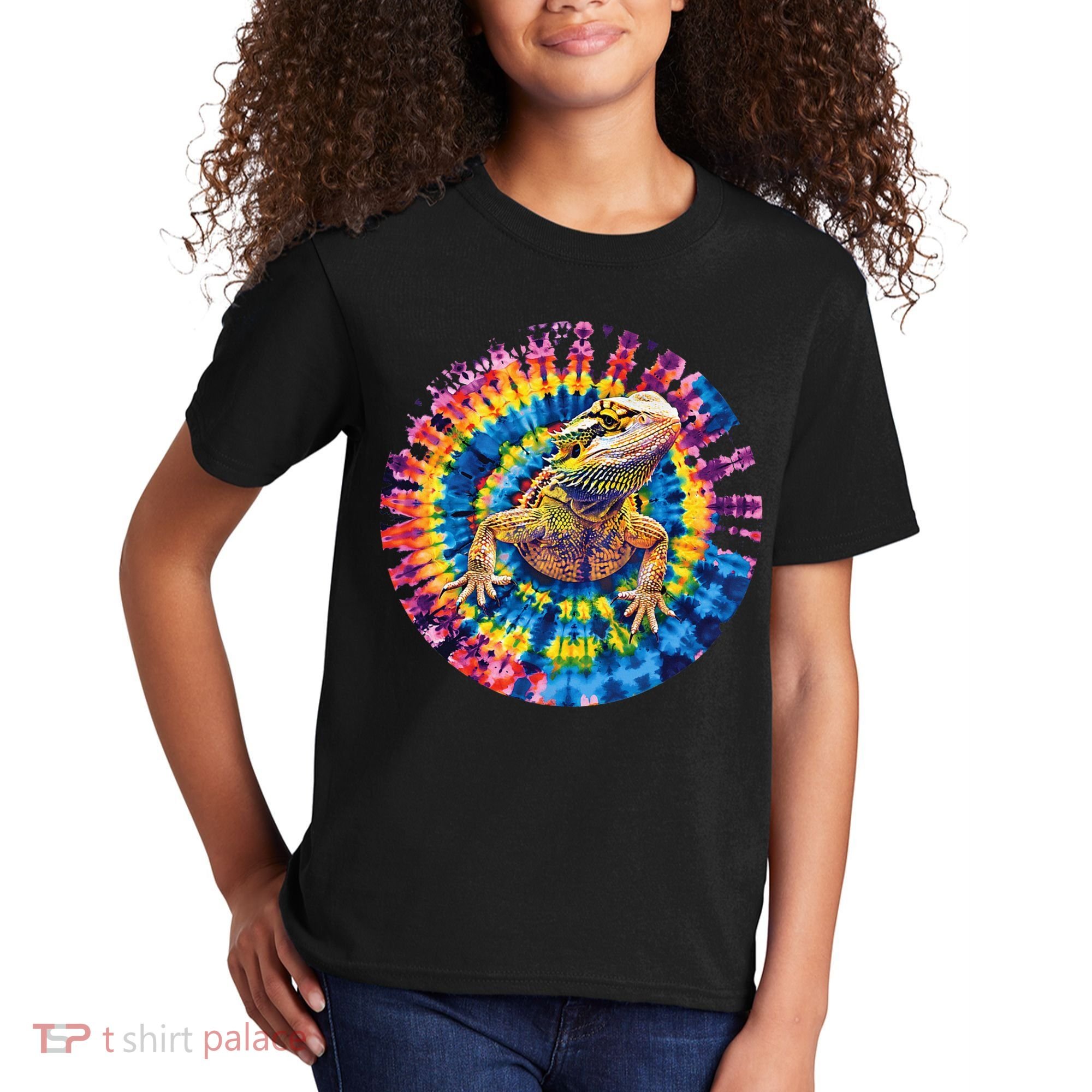 Lizard Bearded Dragon Reptile Tie Dye Spiral Rainbow Cute Kids T-Shirt