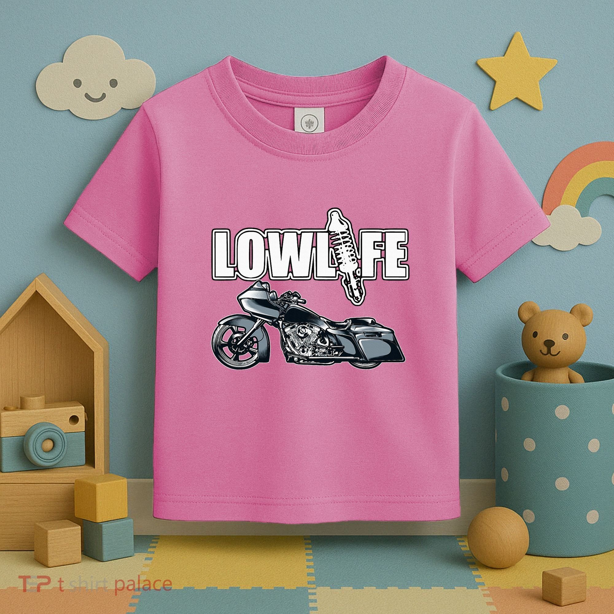 Lowlife Bagger Motorcycle . Chicano Vicla Lowrider Bikes Toddler T-Shirt
