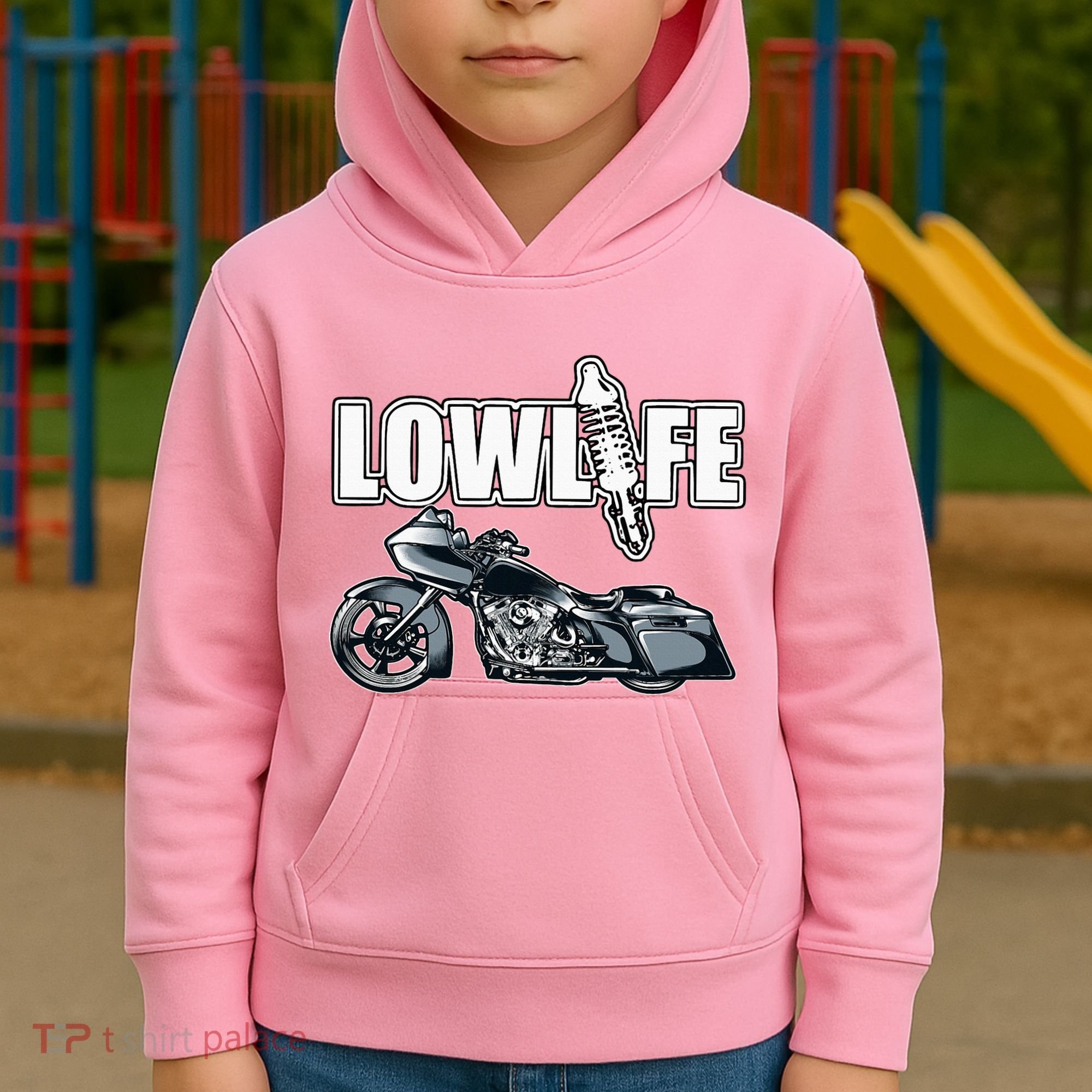 Lowlife Bagger Motorcycle . Chicano Vicla Lowrider Bikes Kids Hoodie