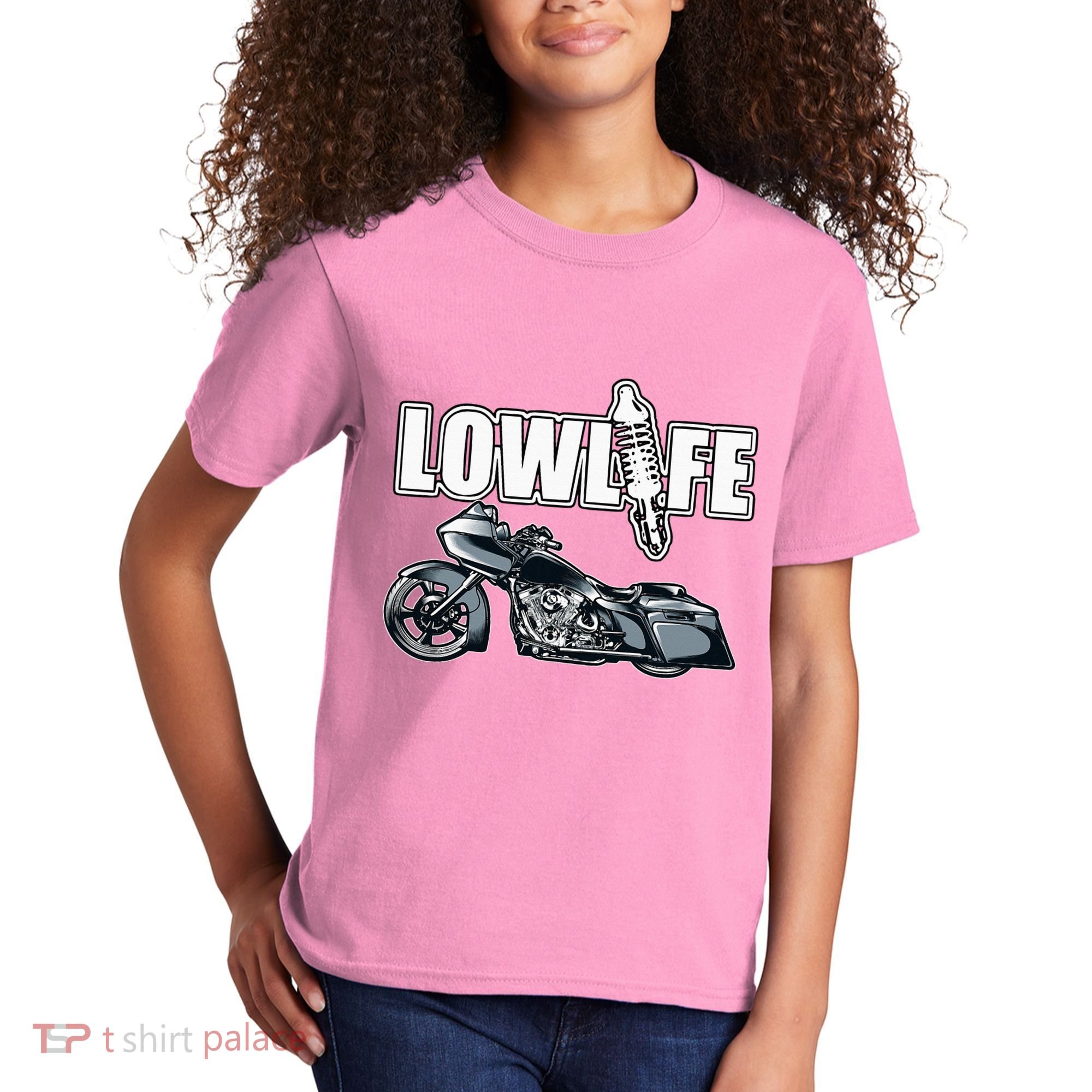 Lowlife Bagger Motorcycle . Chicano Vicla Lowrider Bikes Kids T-Shirt