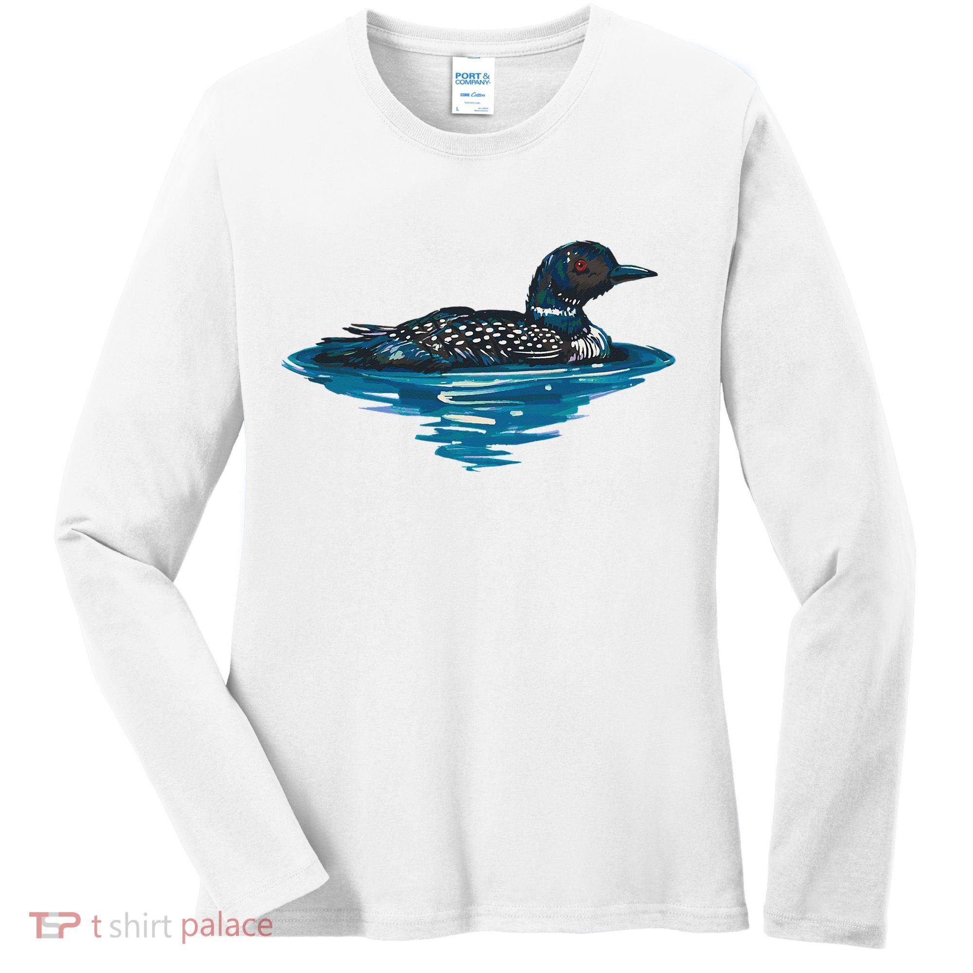 Loon Bird Painting Duck Lake Women's Long Sleeve Shirt