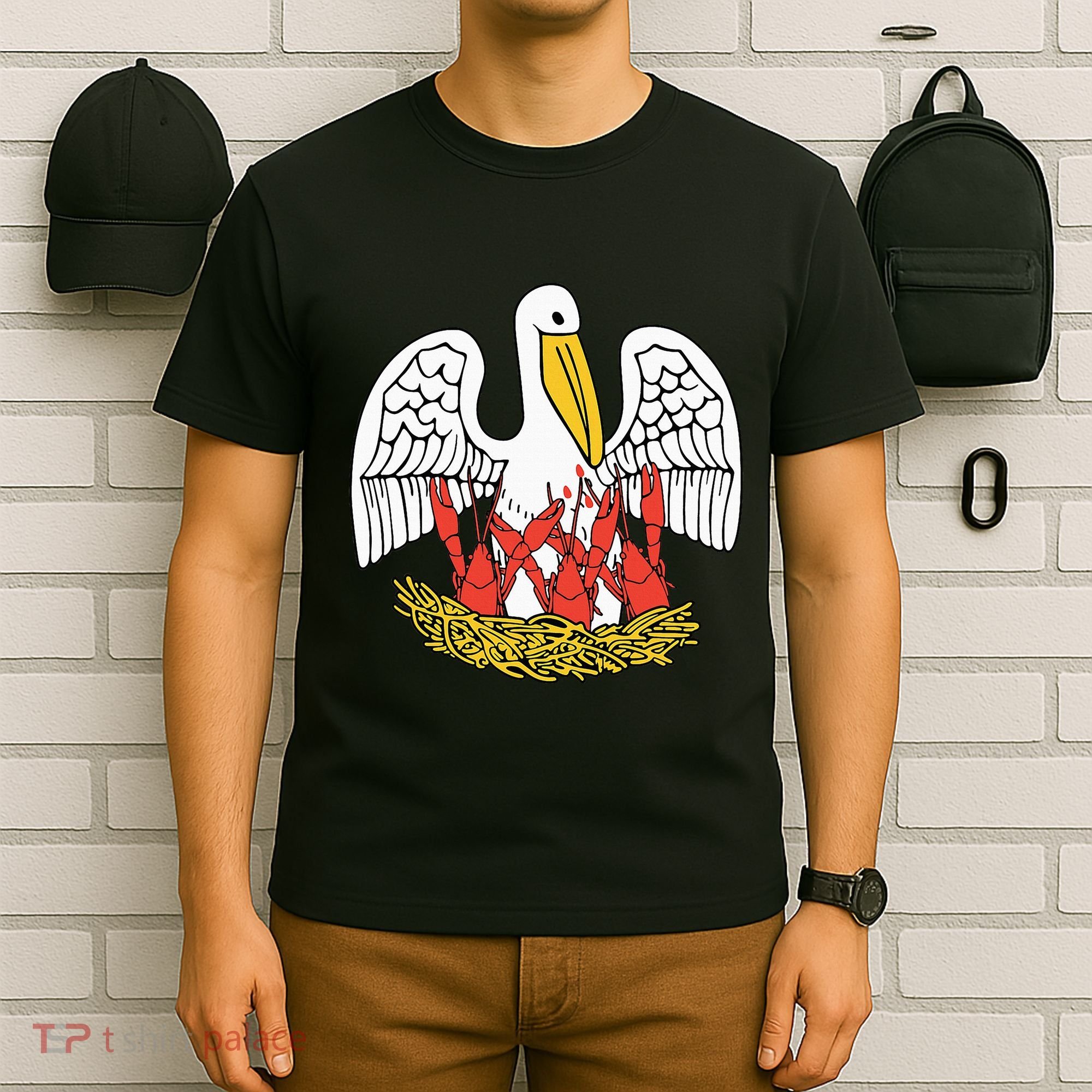 Louisiana Brown Pelican Feeding Crawfish La Flag T-Shirt