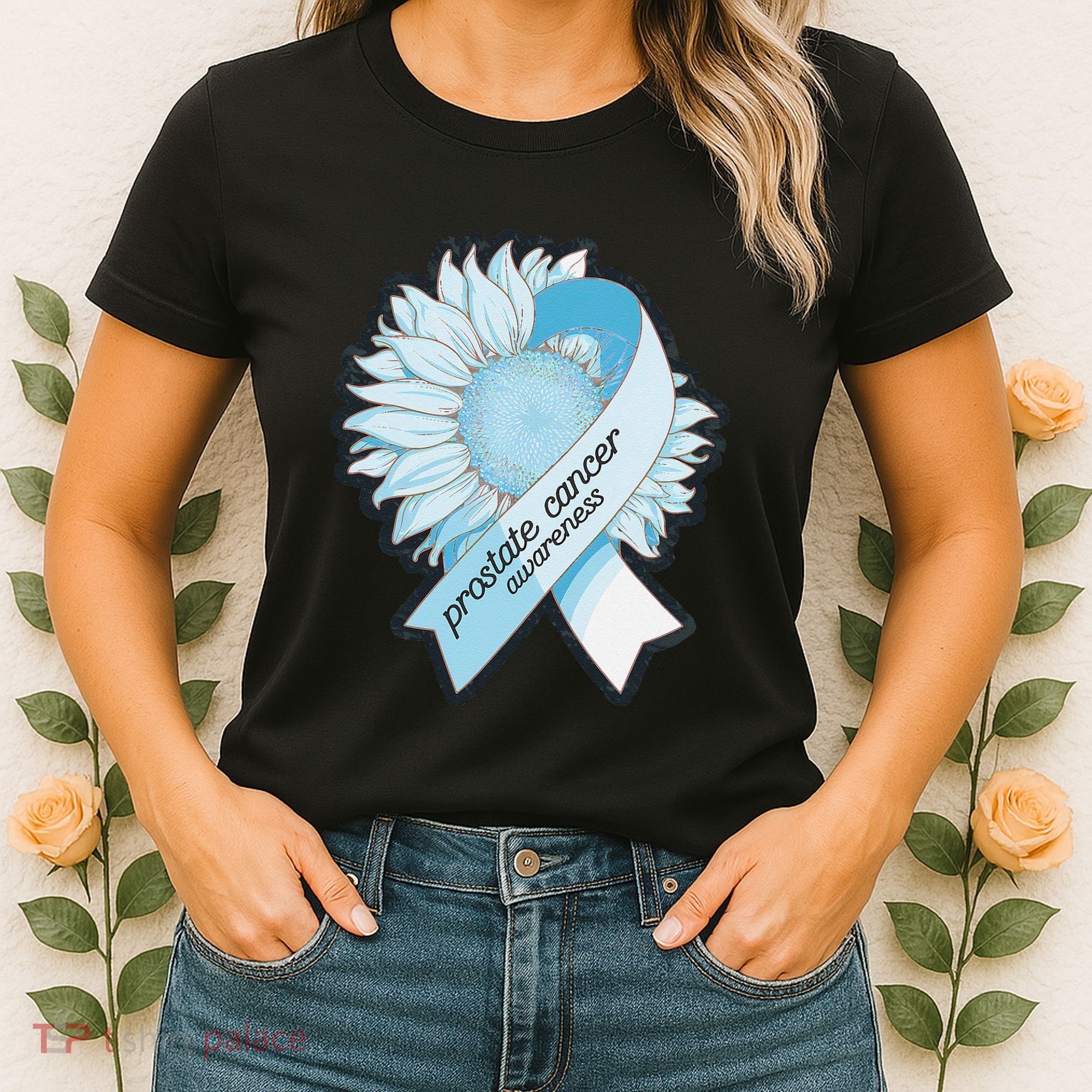 Light Blue Ribbon Sunflower Prostate Cancer Awareness Month Women's T-Shirt