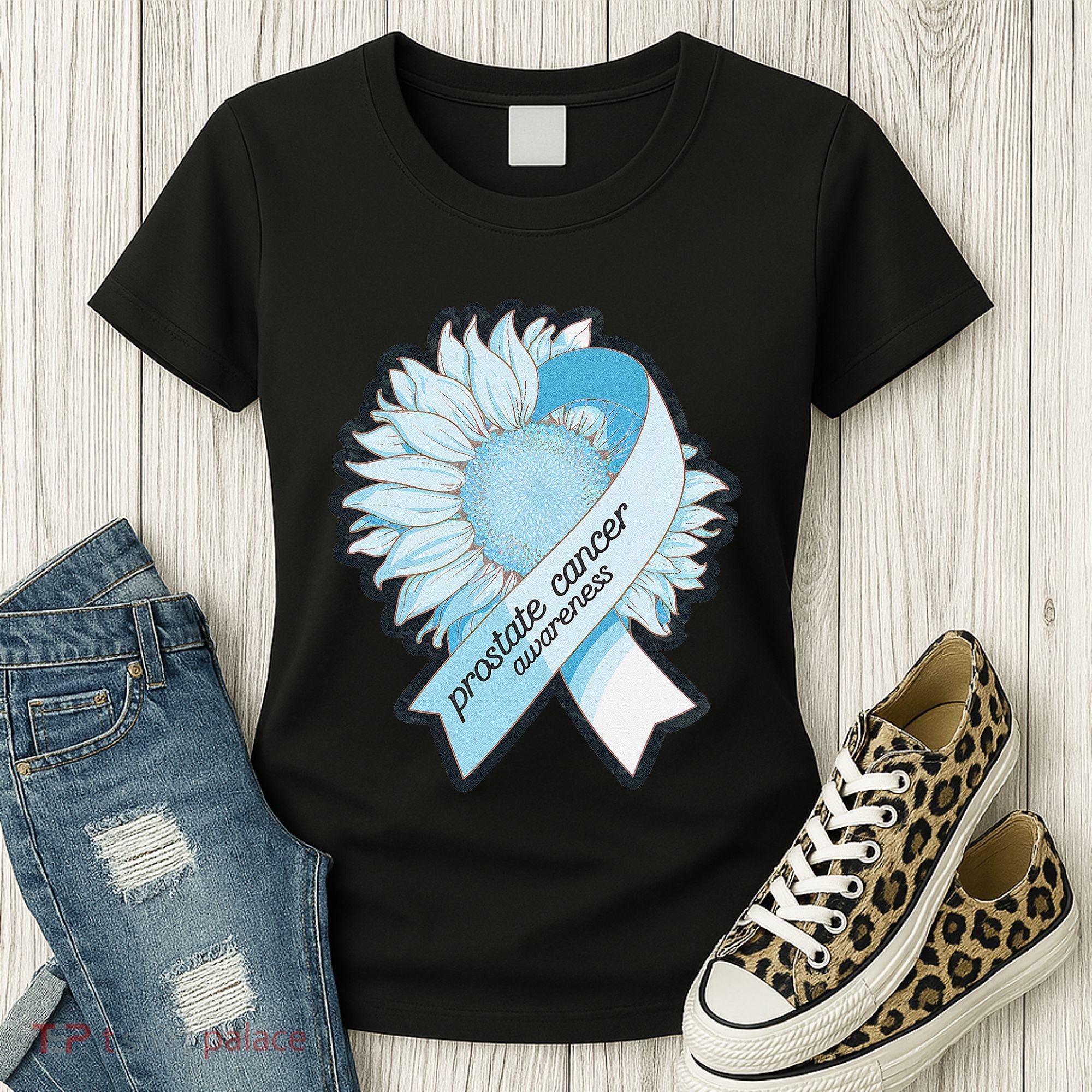 Light Blue Ribbon Sunflower Prostate Cancer Awareness Month Women's T-Shirt