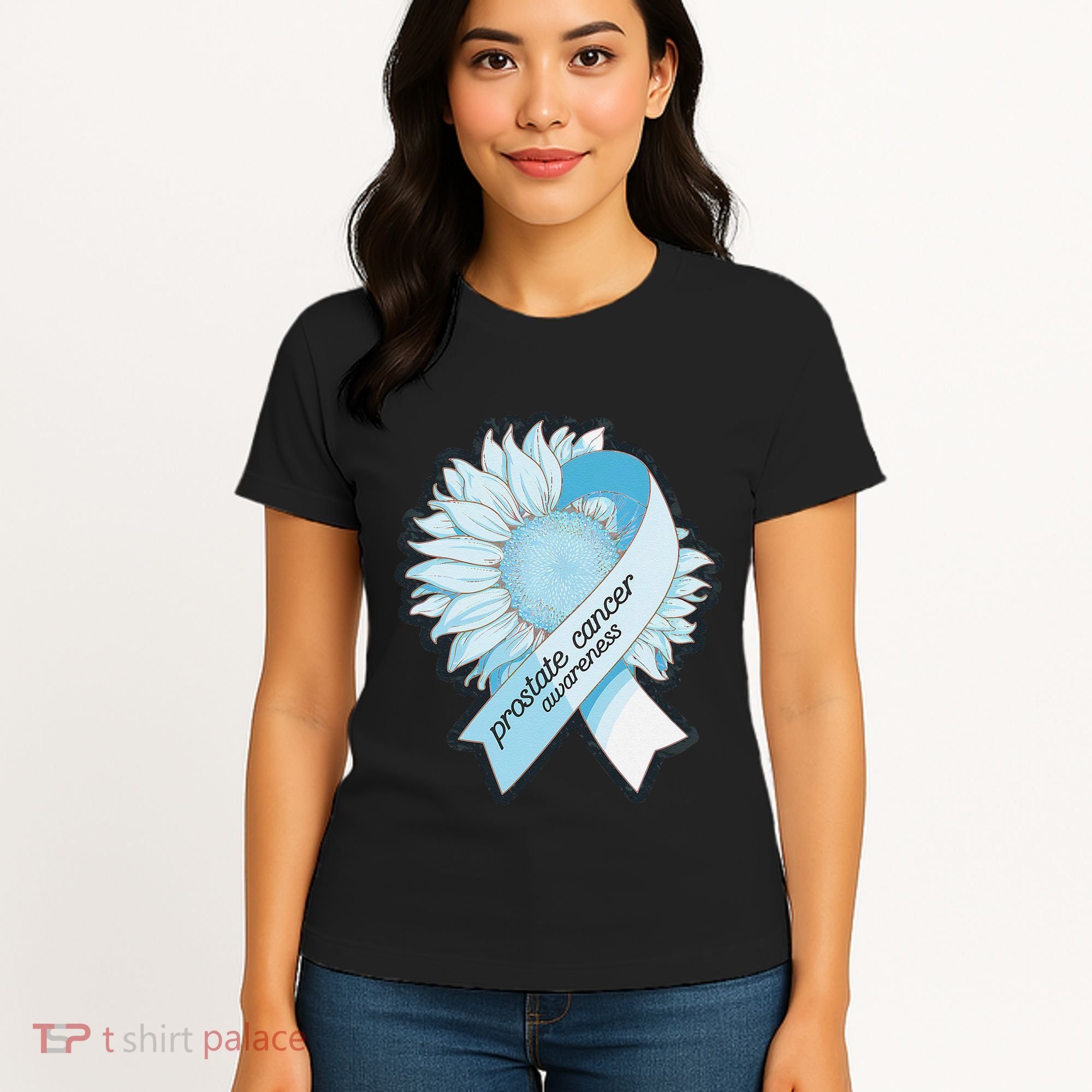 Light Blue Ribbon Sunflower Prostate Cancer Awareness Month Women's T-Shirt