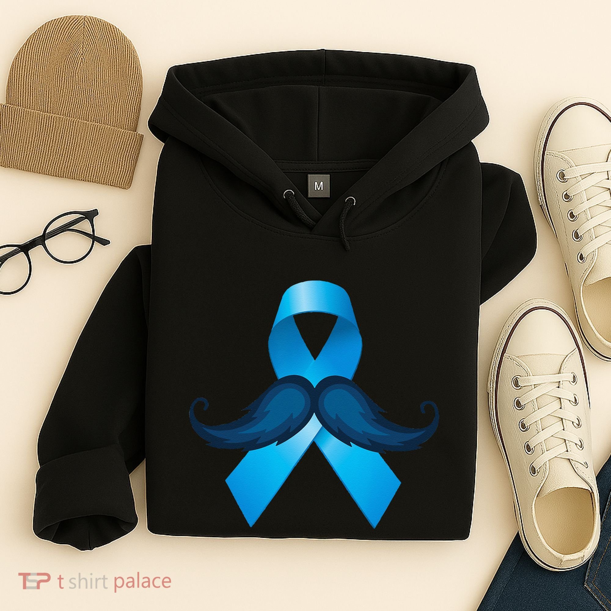 Light Blue Ribbon Mustache Prostate Cancer Awareness Hoodie