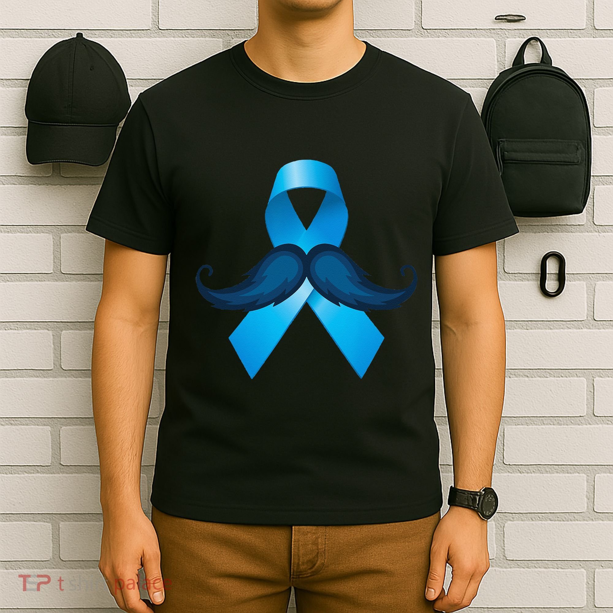 Light Blue Ribbon Mustache Prostate Cancer Awareness T-Shirt