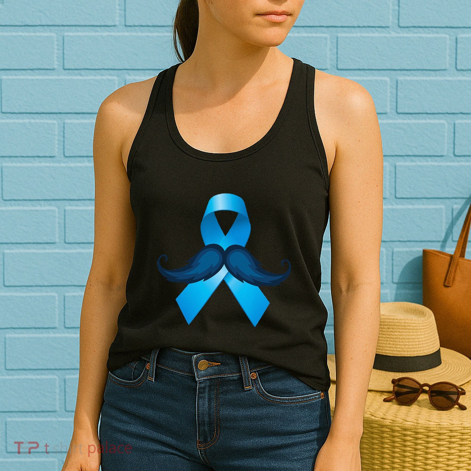 Light Blue Ribbon Mustache Prostate Cancer Awareness Women's Tank Top