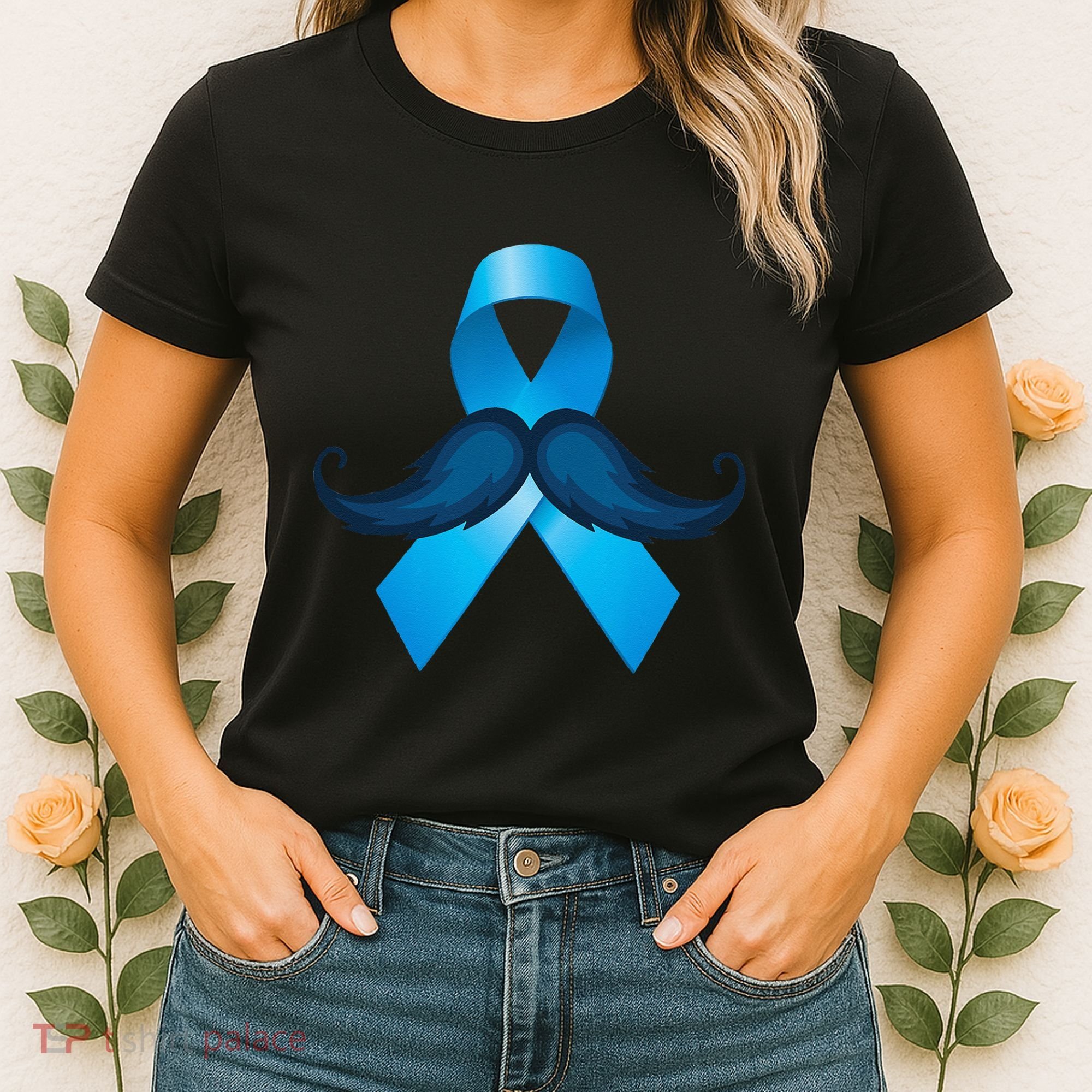 Light Blue Ribbon Mustache Prostate Cancer Awareness Women's T-Shirt