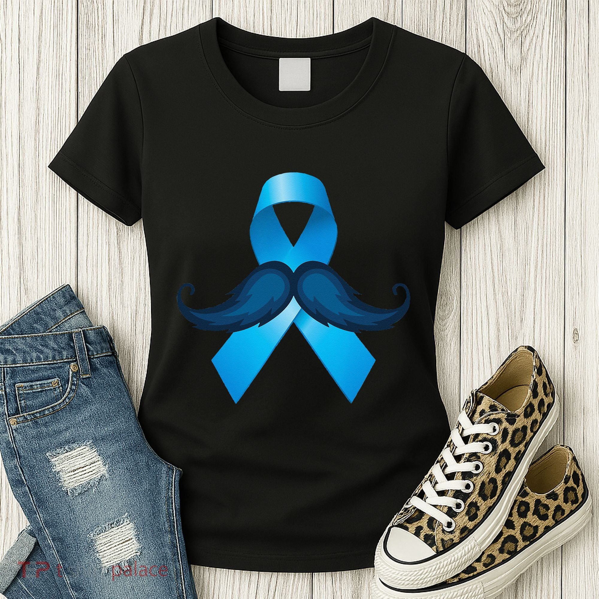 Light Blue Ribbon Mustache Prostate Cancer Awareness Women's T-Shirt