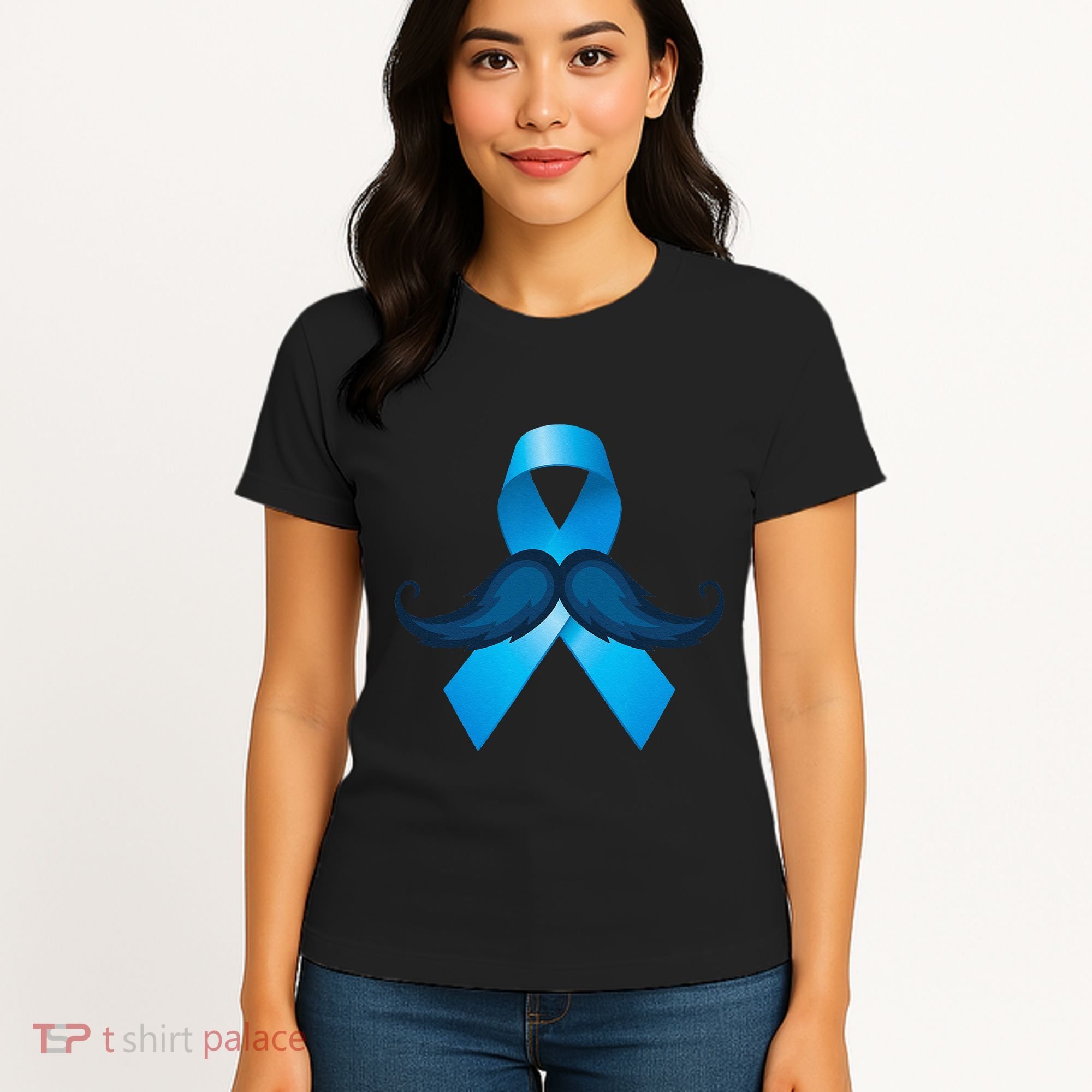 Light Blue Ribbon Mustache Prostate Cancer Awareness Women's T-Shirt