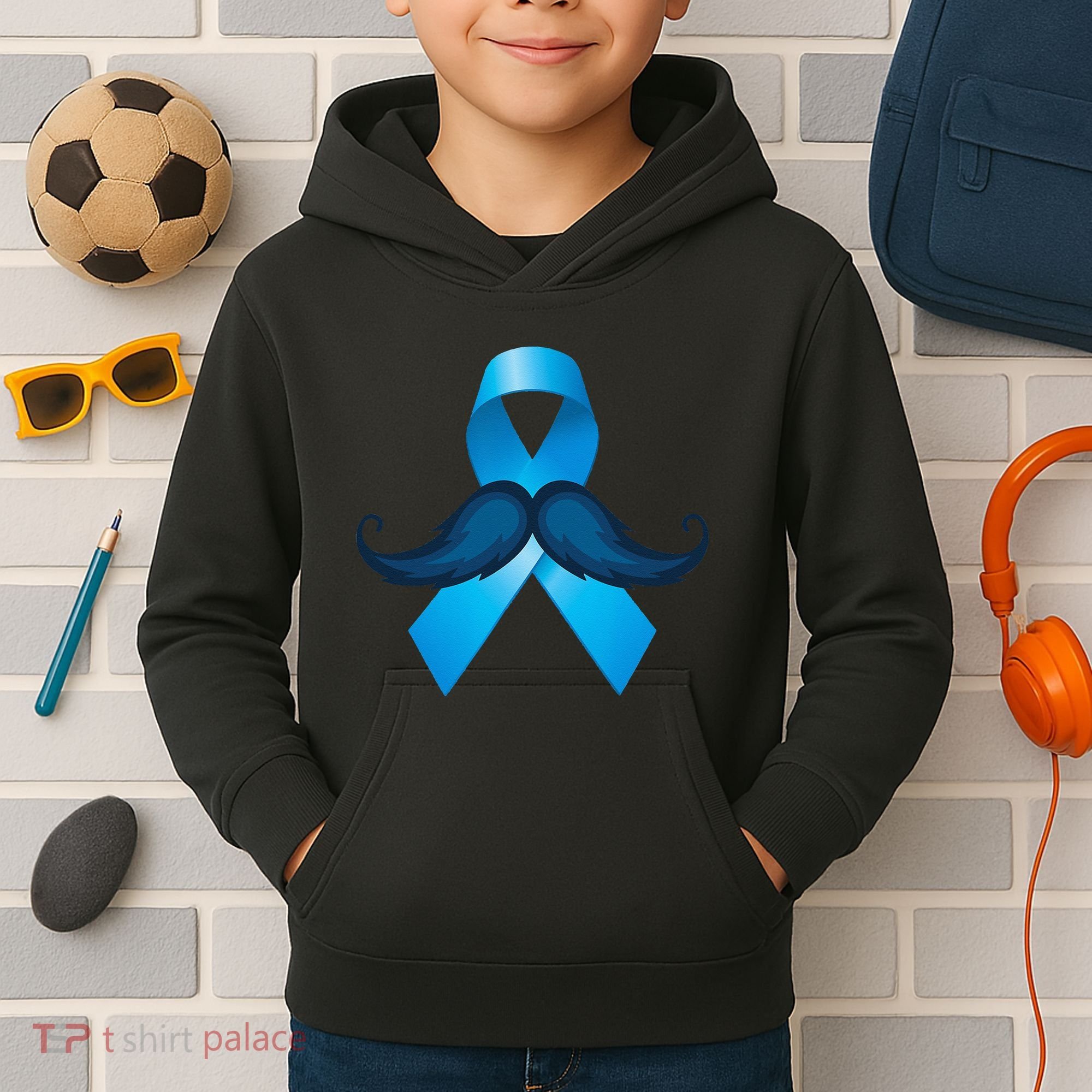 Light Blue Ribbon Mustache Prostate Cancer Awareness Kids Hoodie