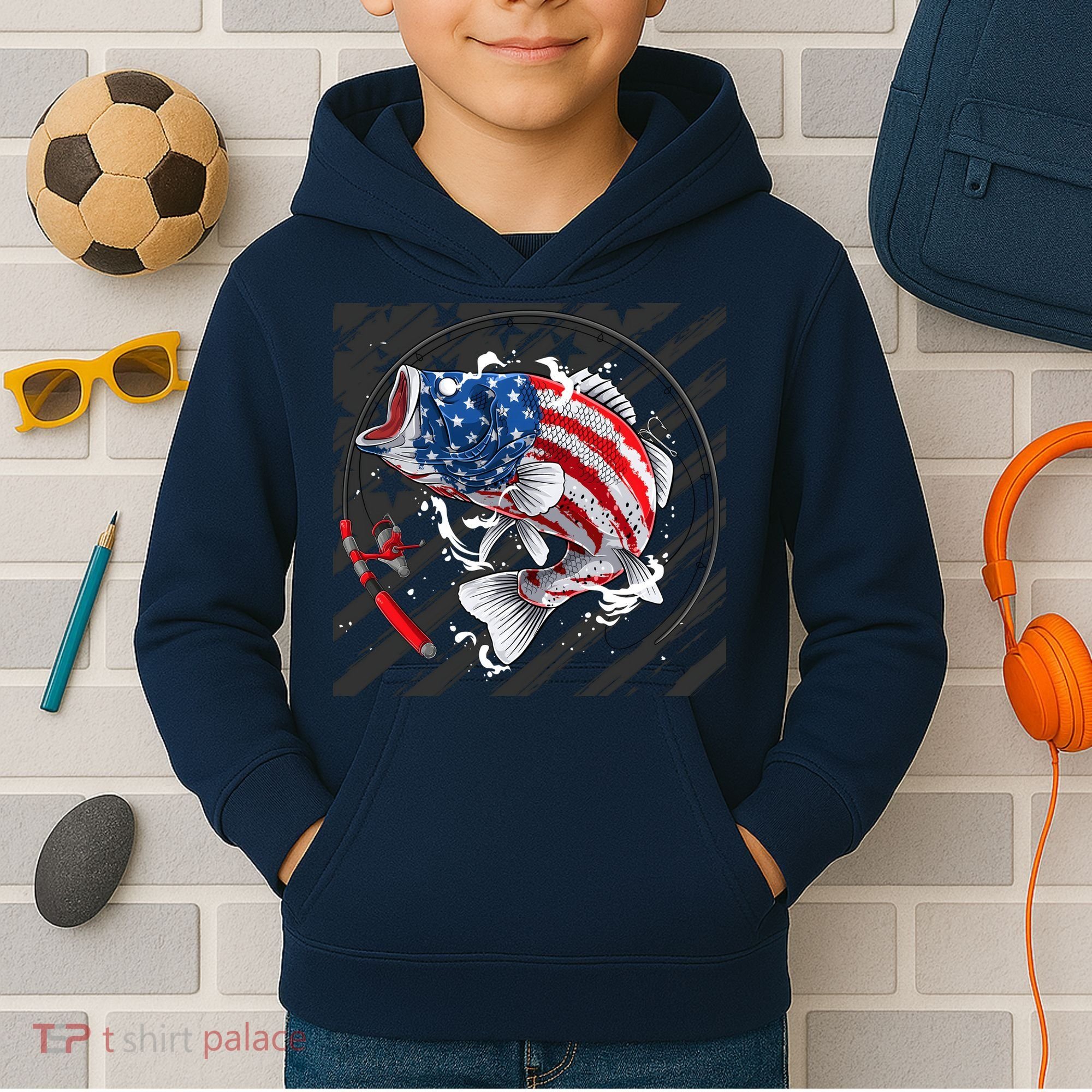 Largemouth Bass USA Flag Imprint Kids Hoodie