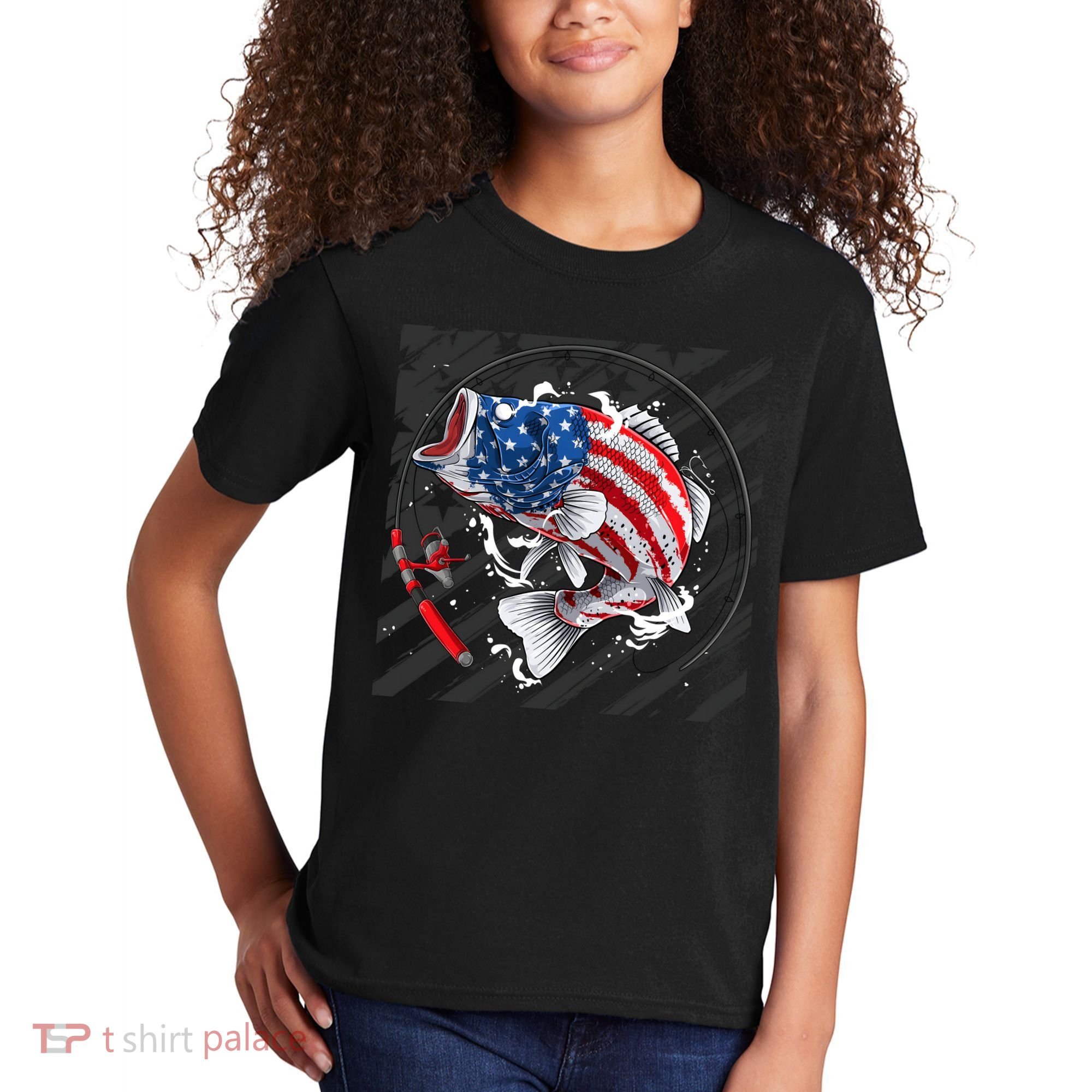 Largemouth Bass USA Flag Imprint Kids T-Shirt