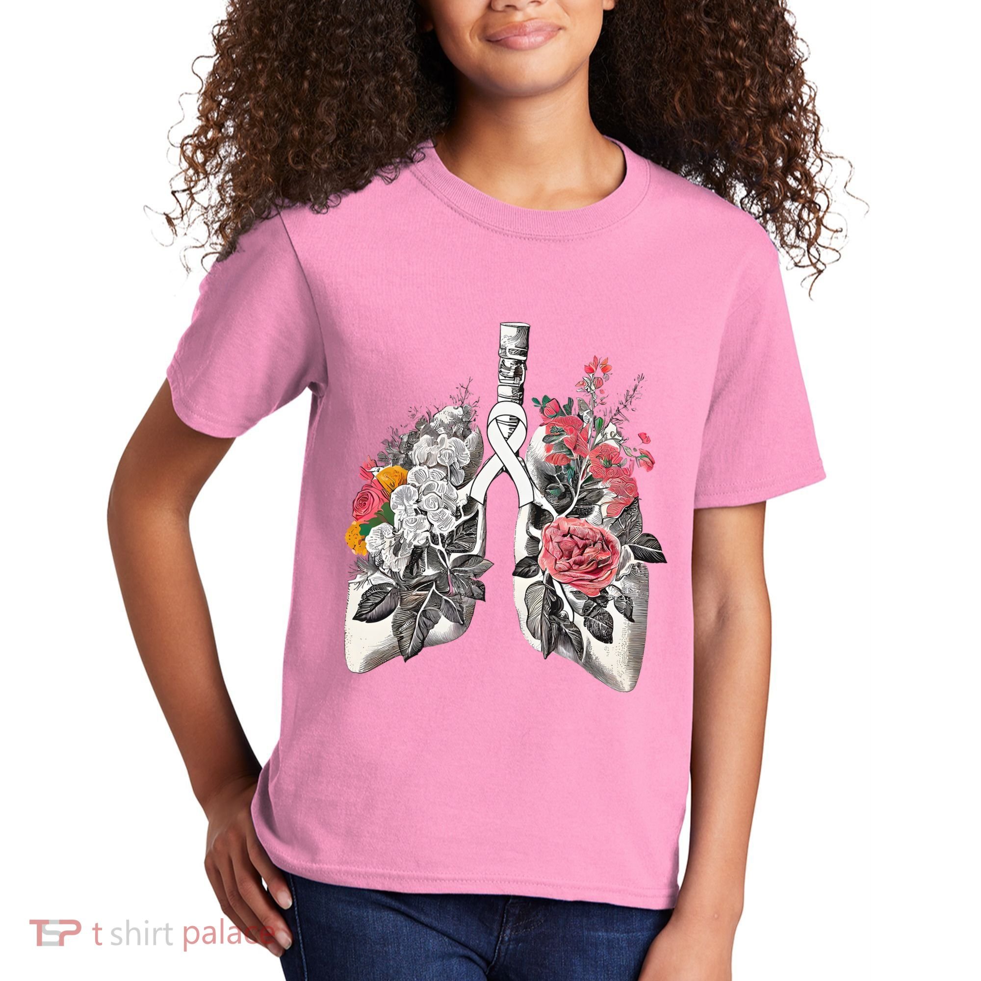 Lung Cancer Awareness Floral Flower Kids T-Shirt