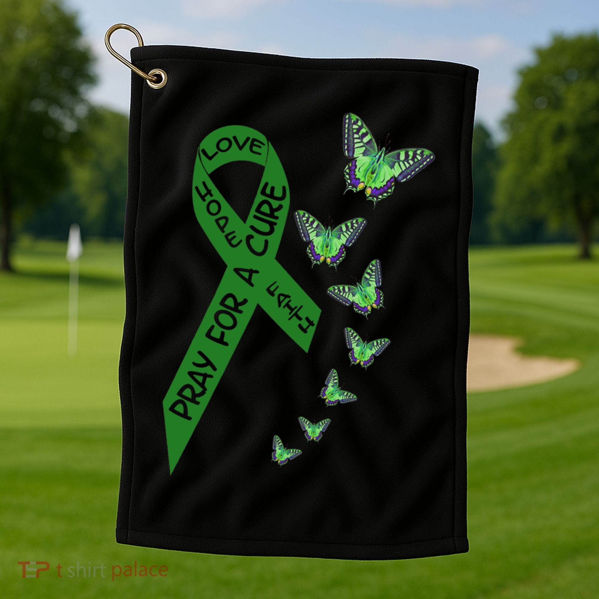 Liver Cancer Awareness Green Ribbon Religious Butterflies Gift Golf Towel