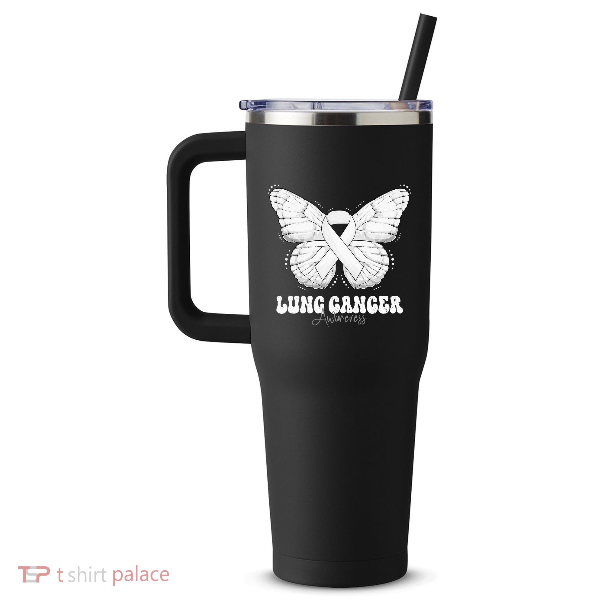 Lung Cancer Awareness Month White Ribbon Butterfly 40oz Vacuum Insulated Stainless Steel Travel Tumbler