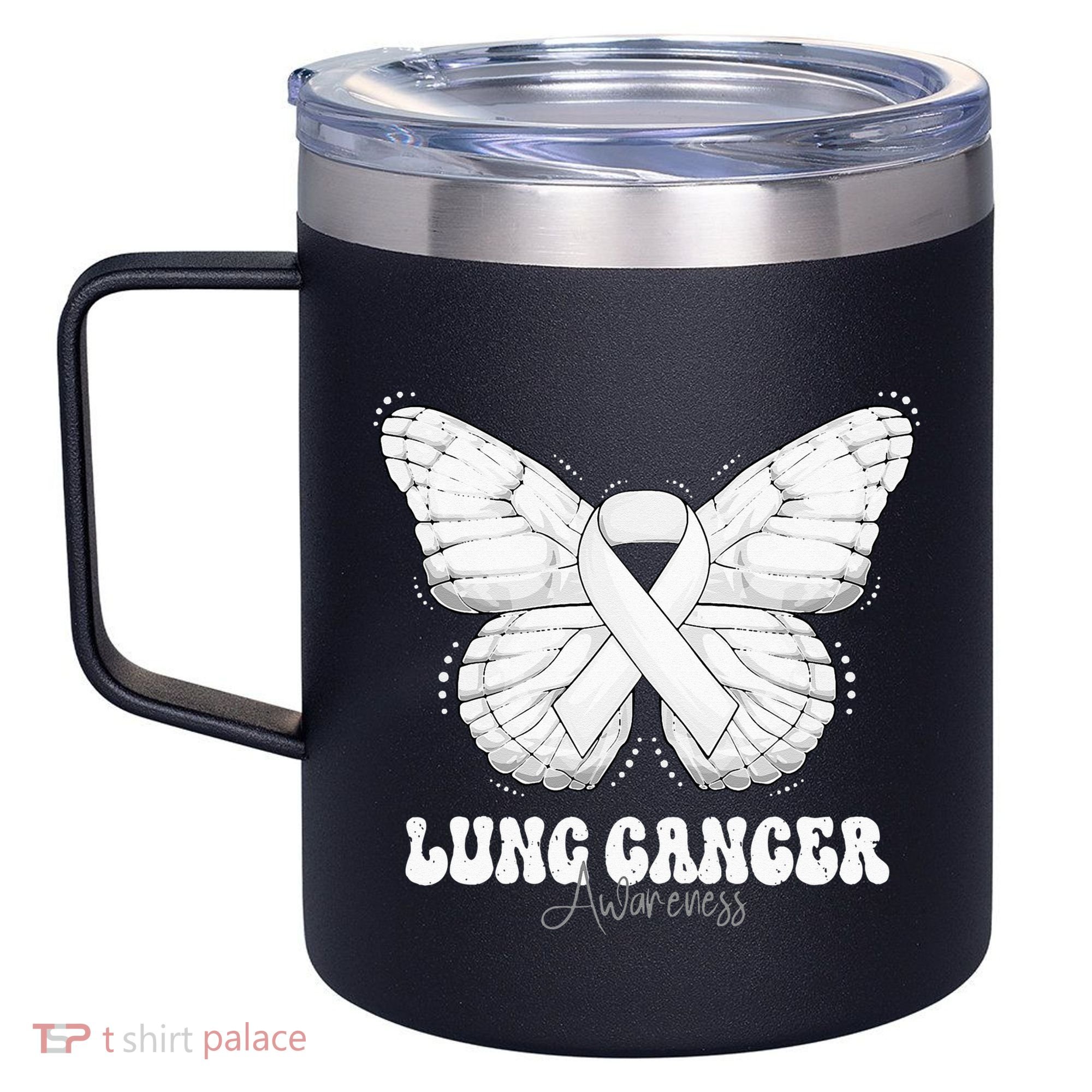 Lung Cancer Awareness Month White Ribbon Butterfly 12oz Stainless Steel Coffee Mug