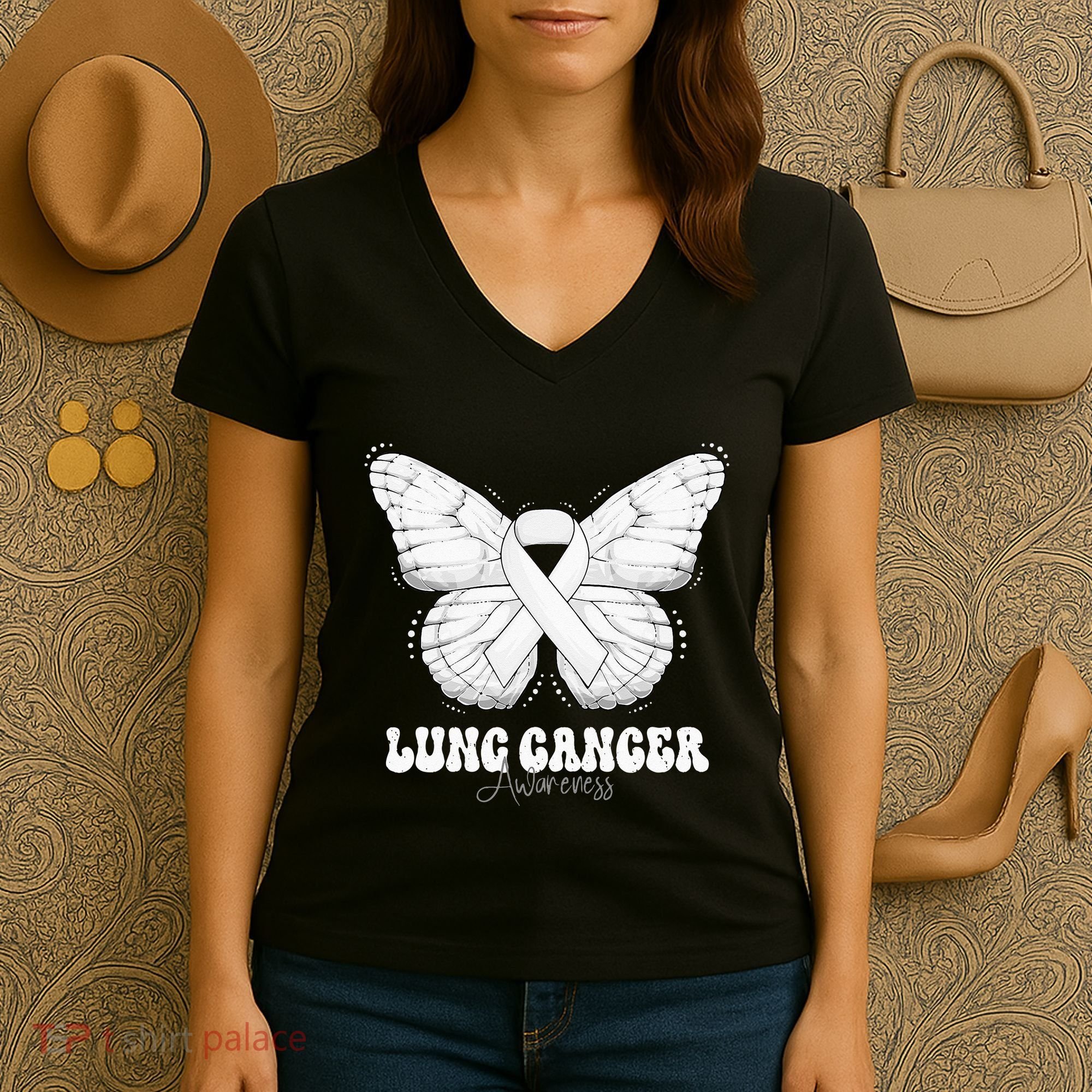 Lung Cancer Awareness Month White Ribbon Butterfly Women's V-Neck T-Shirt