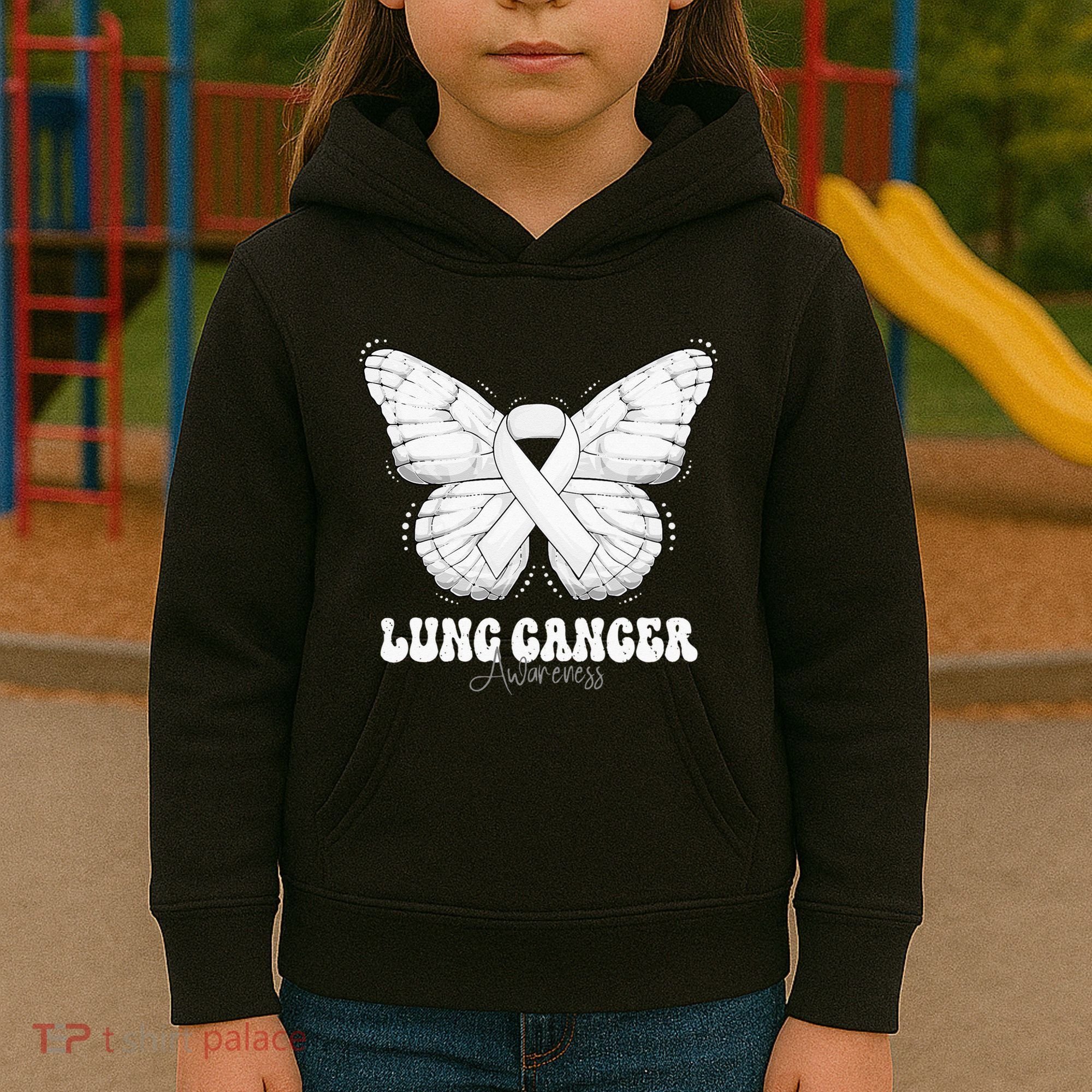 Lung Cancer Awareness Month White Ribbon Butterfly Kids Hoodie