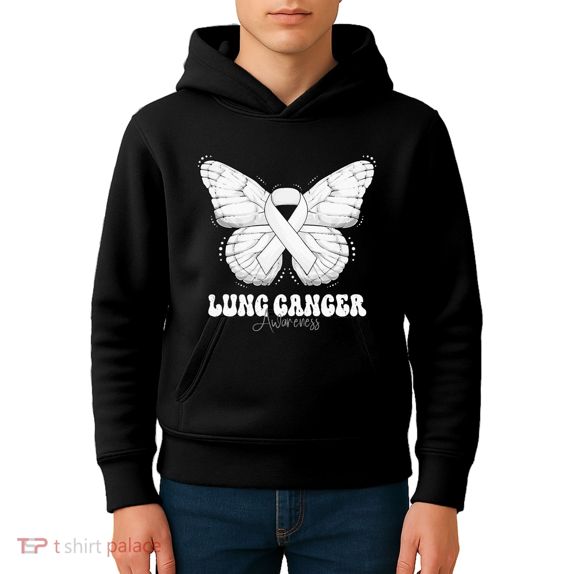 Lung Cancer Awareness Month White Ribbon Butterfly Kids Hoodie