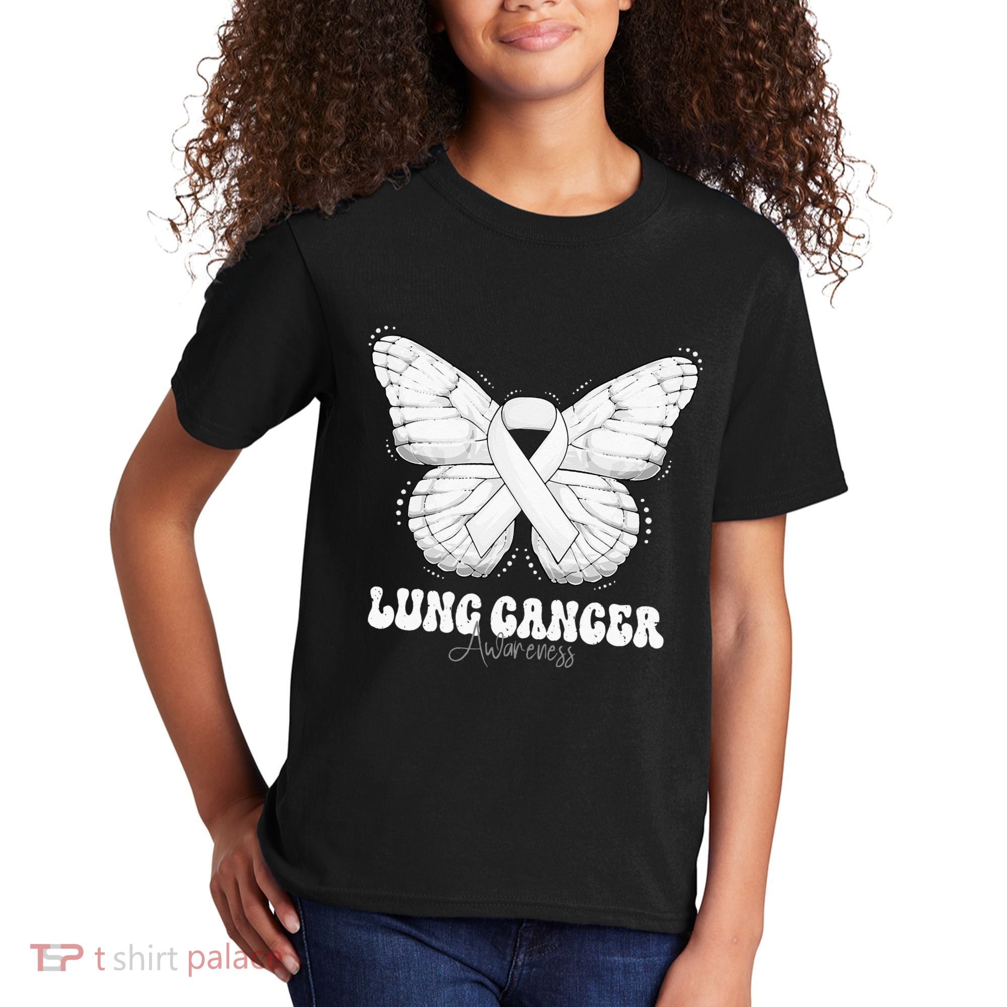 Lung Cancer Awareness Month White Ribbon Butterfly Kids T-Shirt