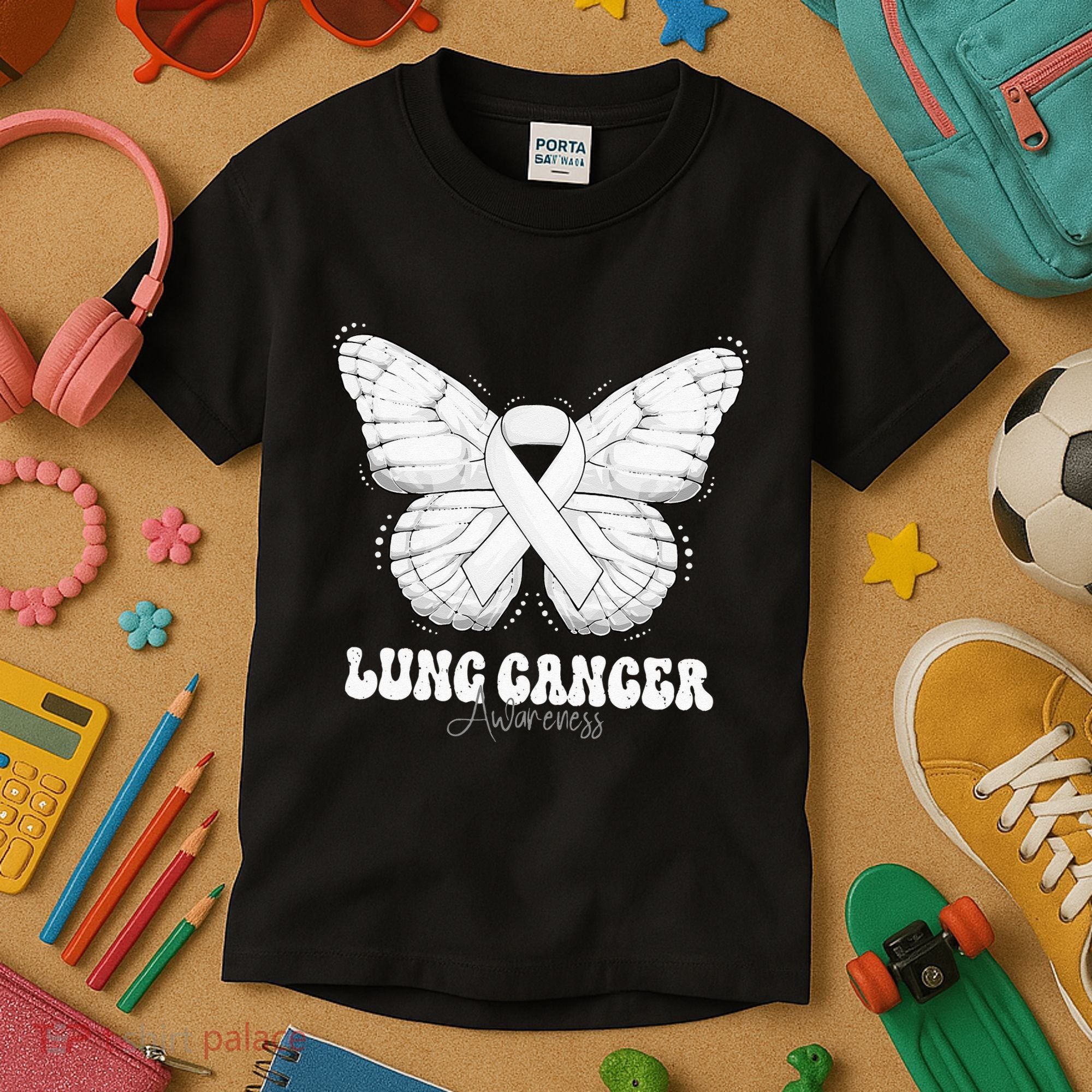 Lung Cancer Awareness Month White Ribbon Butterfly Kids T-Shirt