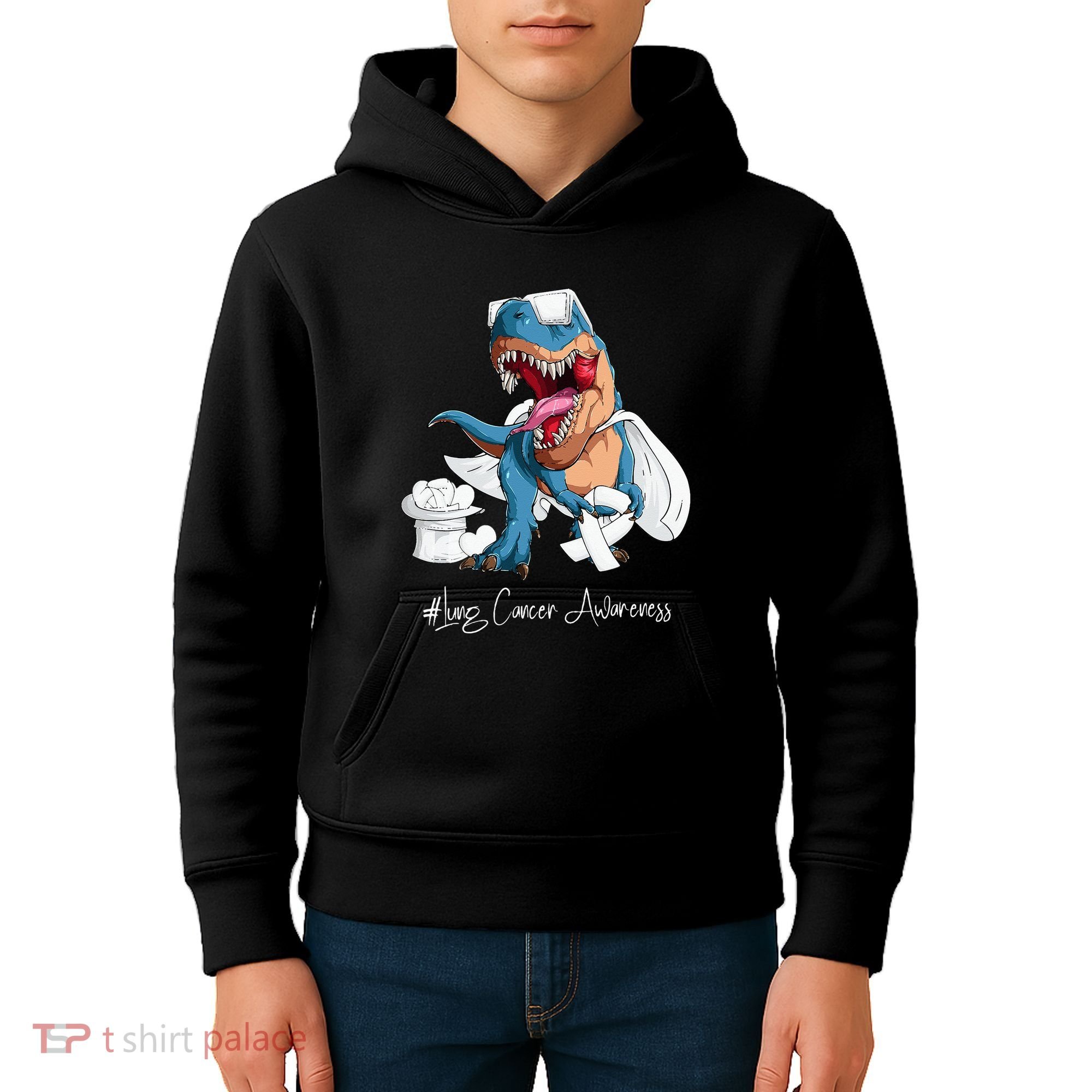 Lung Cancer Awareness Month White Ribbon Trex Kids Hoodie