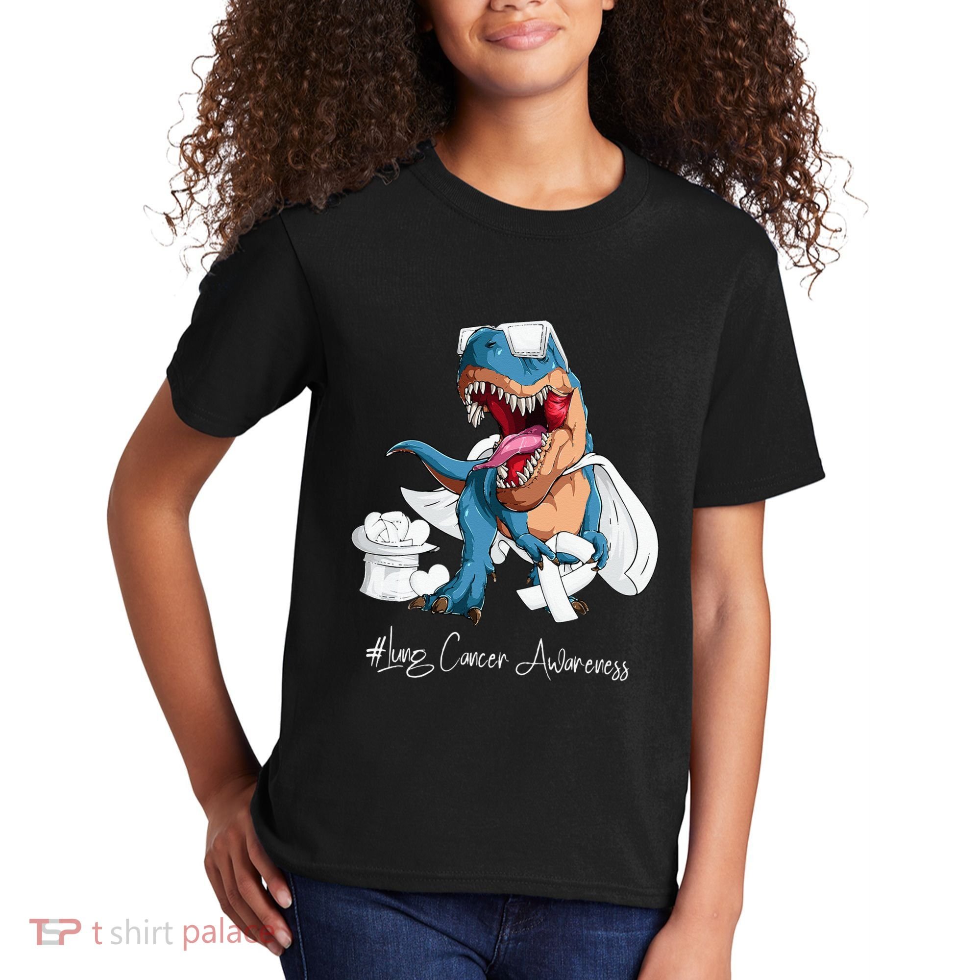 Lung Cancer Awareness Month White Ribbon Trex Kids T-Shirt