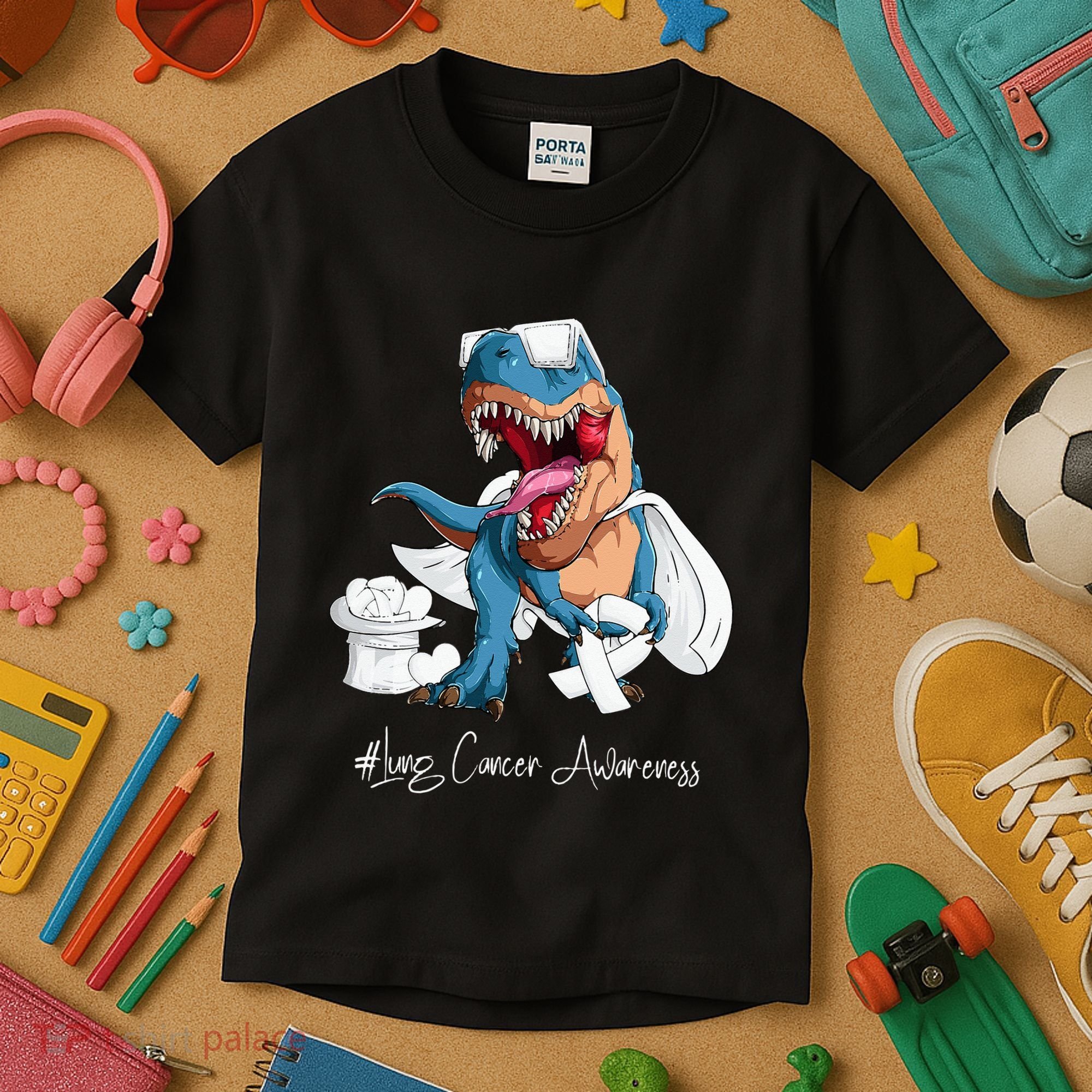 Lung Cancer Awareness Month White Ribbon Trex Kids T-Shirt