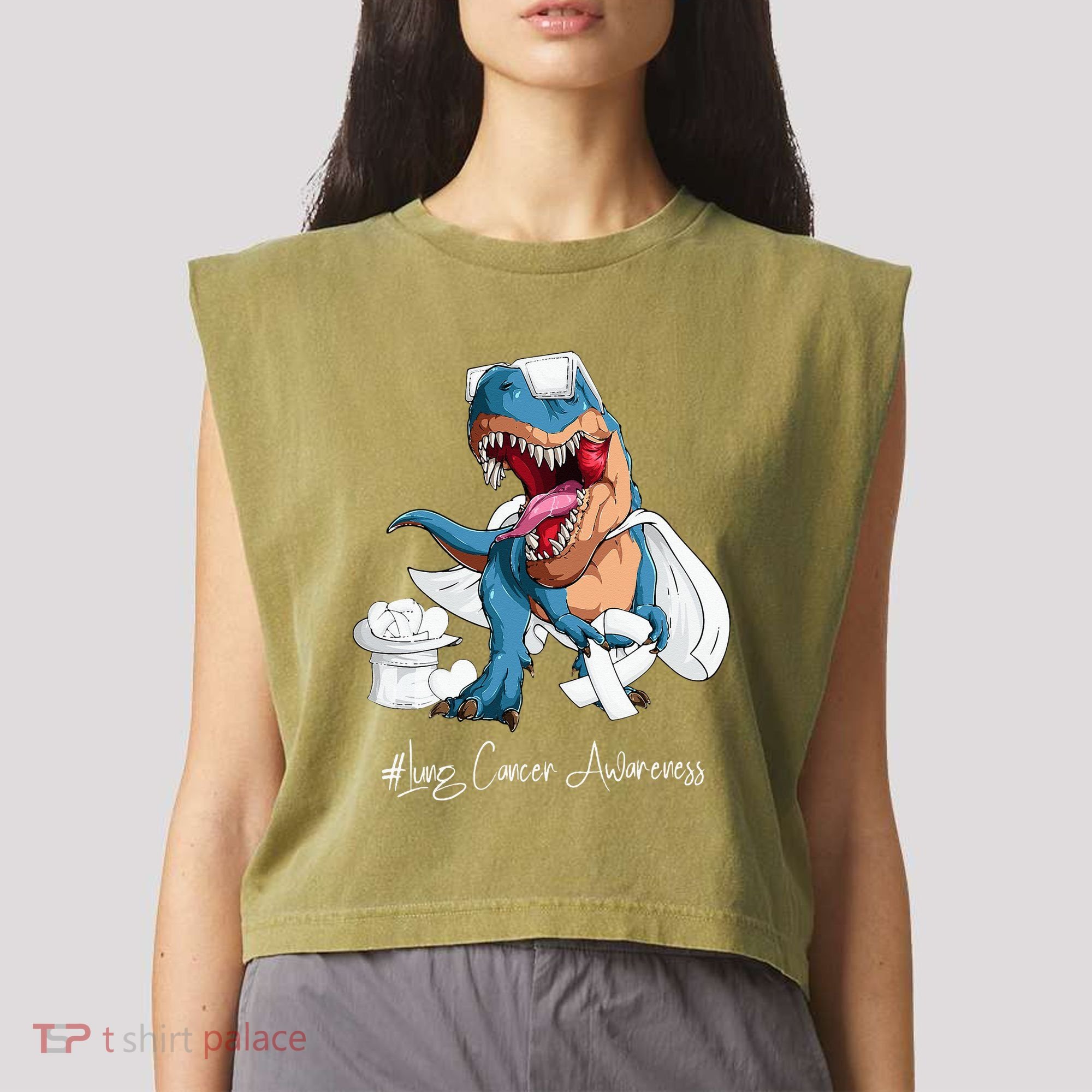 Lung Cancer Awareness Month White Ribbon Trex Garment-Dyed Women's Muscle Tee