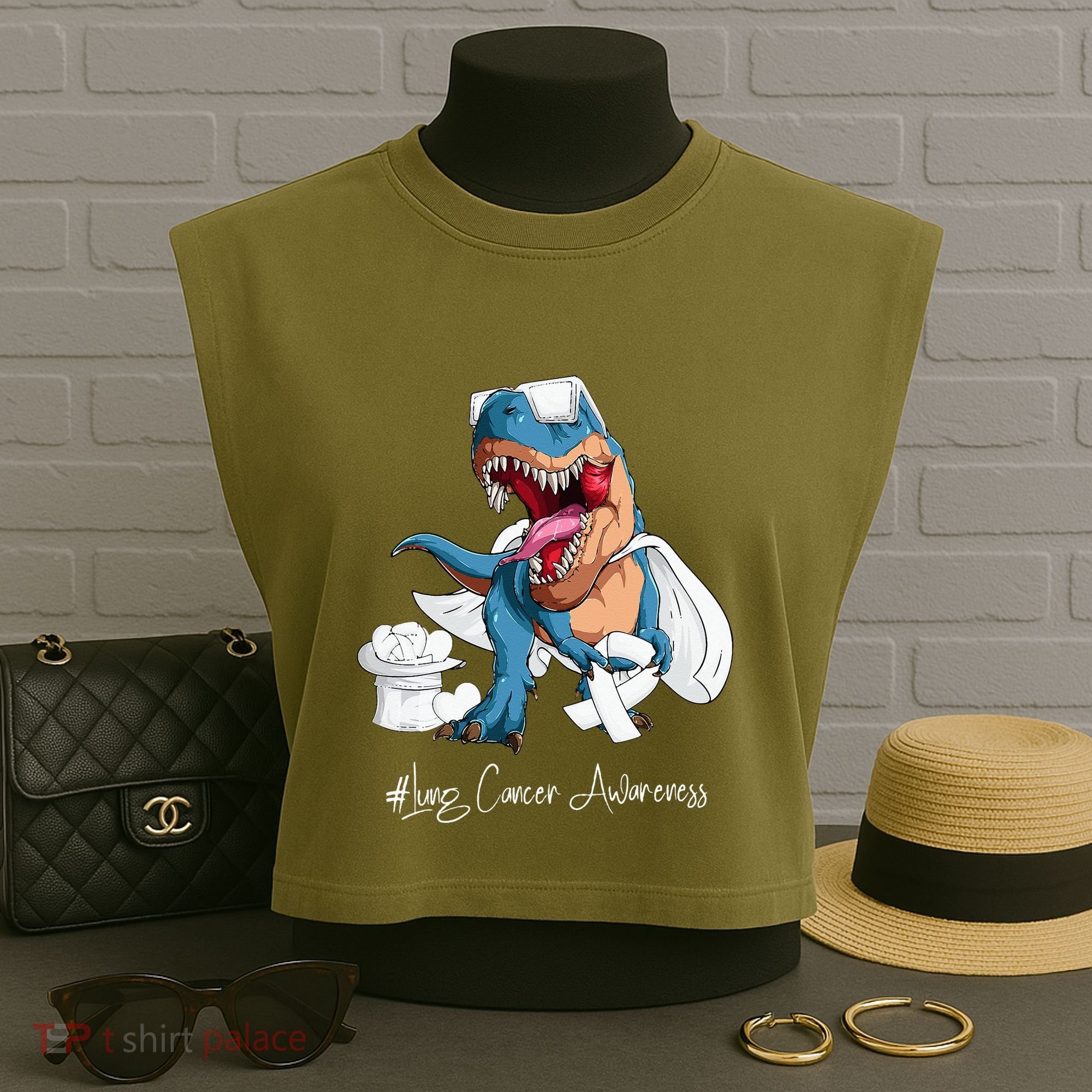 Lung Cancer Awareness Month White Ribbon Trex Garment-Dyed Women's Muscle Tee
