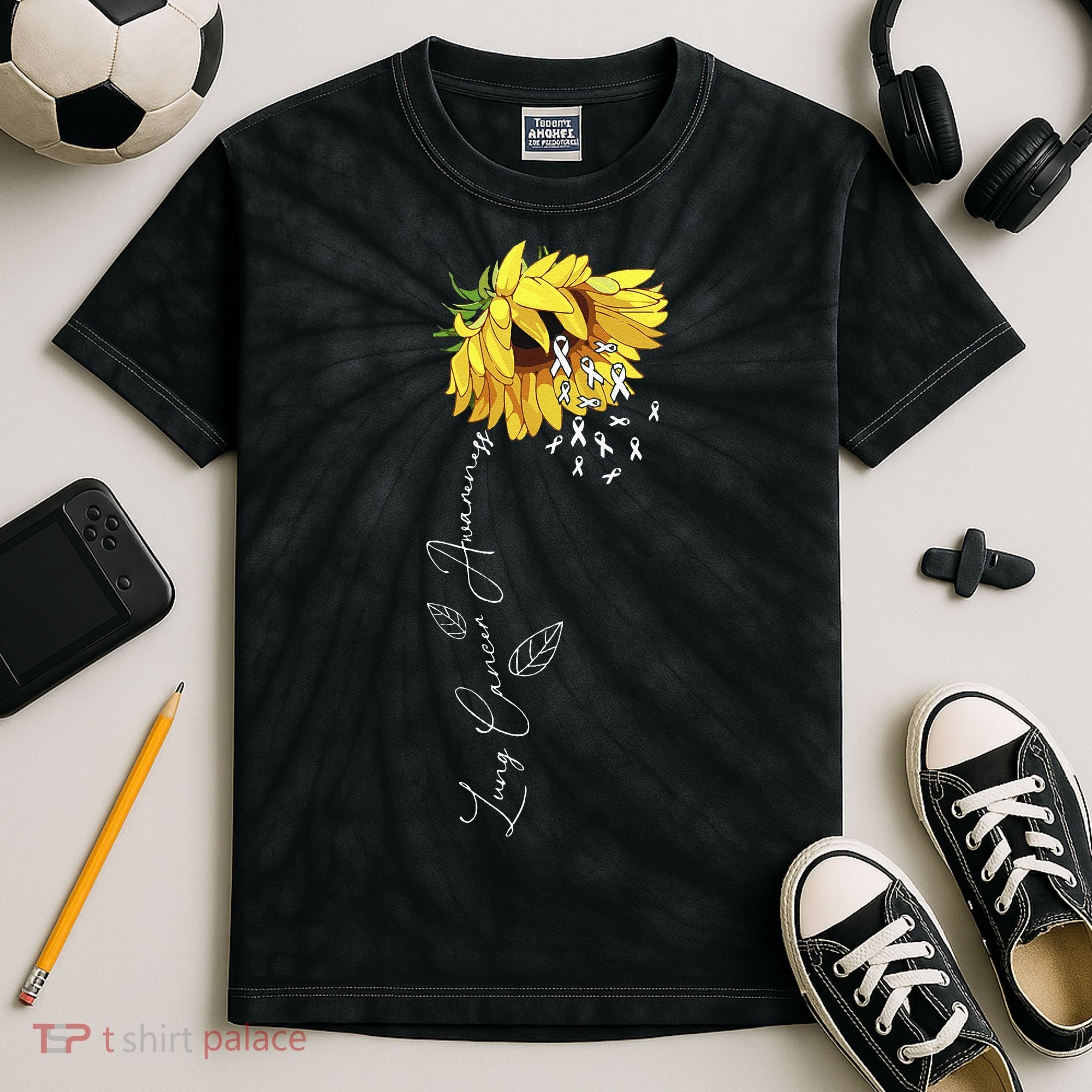 Lung Cancer Awareness Sunflower Kids Tie-Dye T-Shirt
