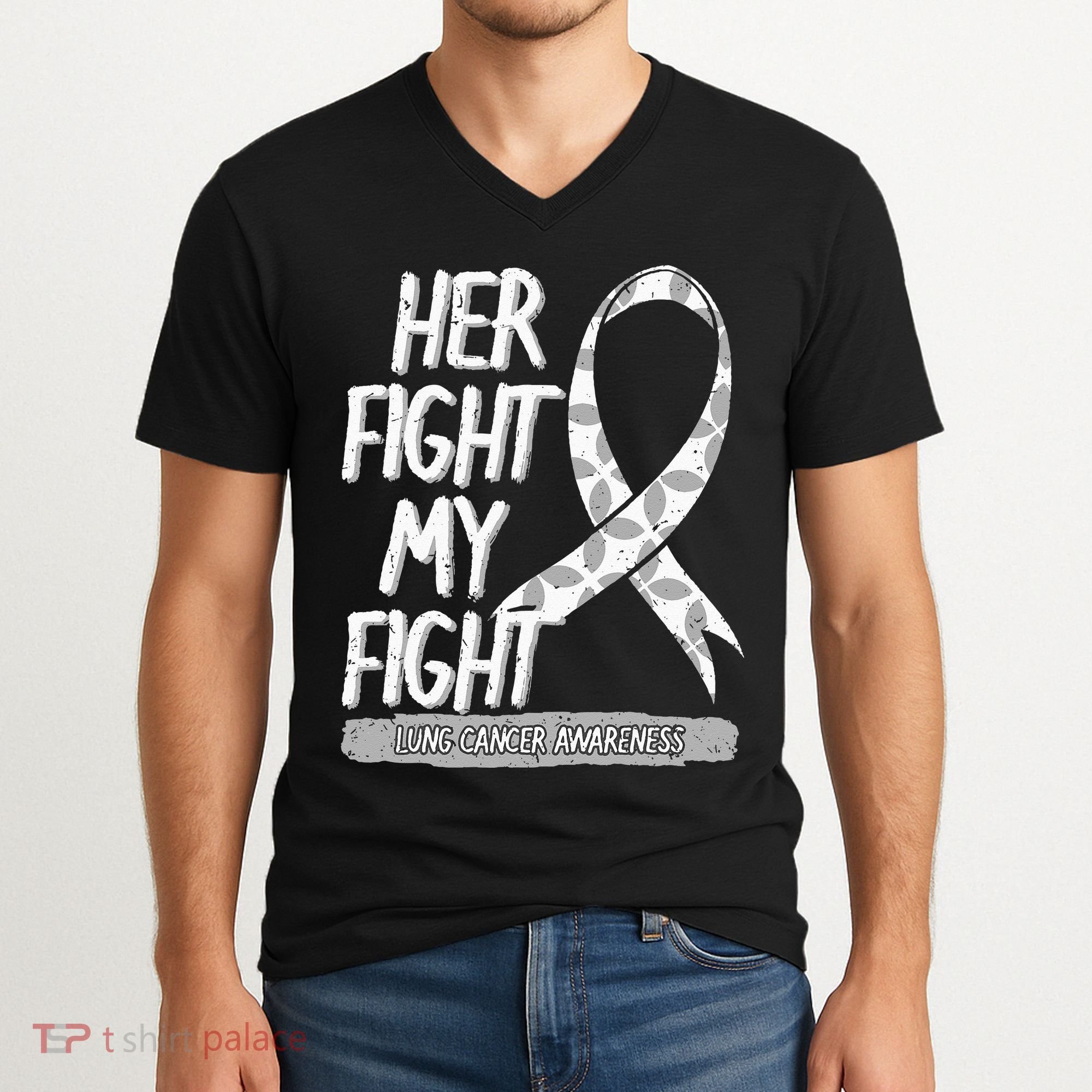 Lung Cancer Awareness White Ribbon Carcinoma Patient Gift V-Neck T-Shirt