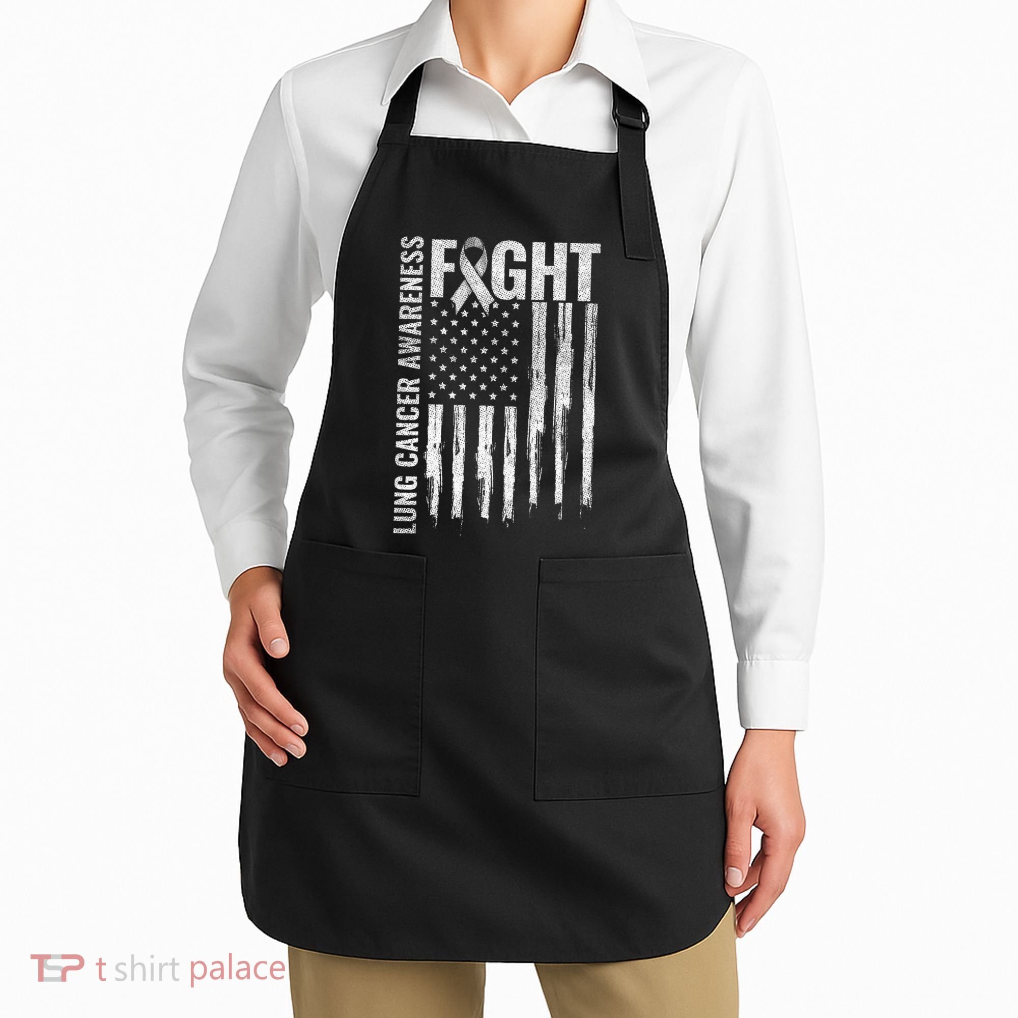 Lung Cancer Awareness White Ribbon Fight Gift USA Flag Apron