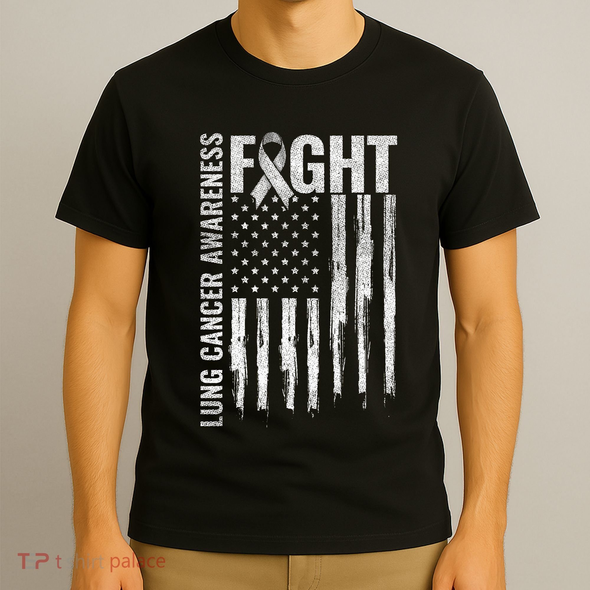 Lung Cancer Awareness White Ribbon Fight Gift USA Flag T-Shirt