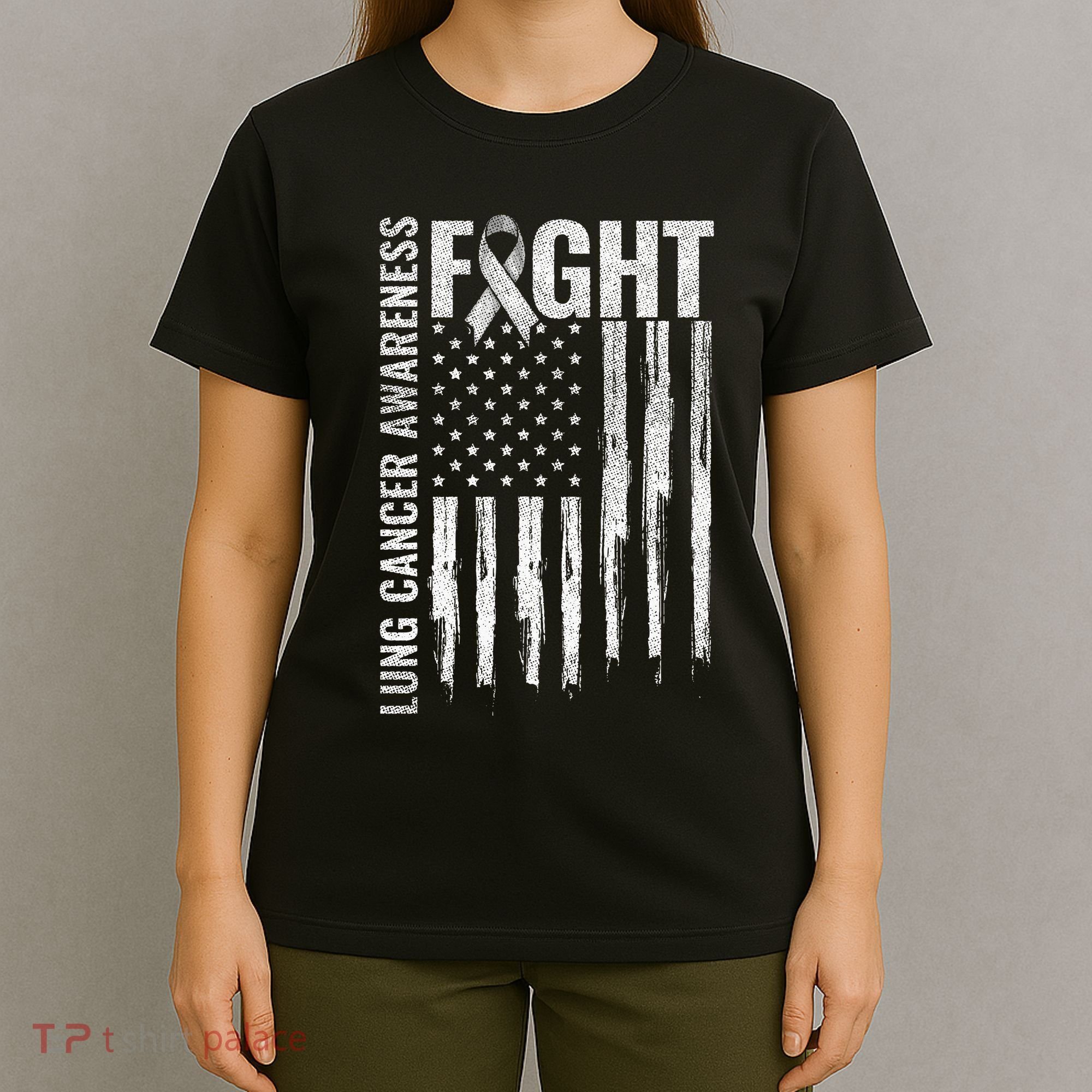 Lung Cancer Awareness White Ribbon Fight Gift USA Flag T-Shirt