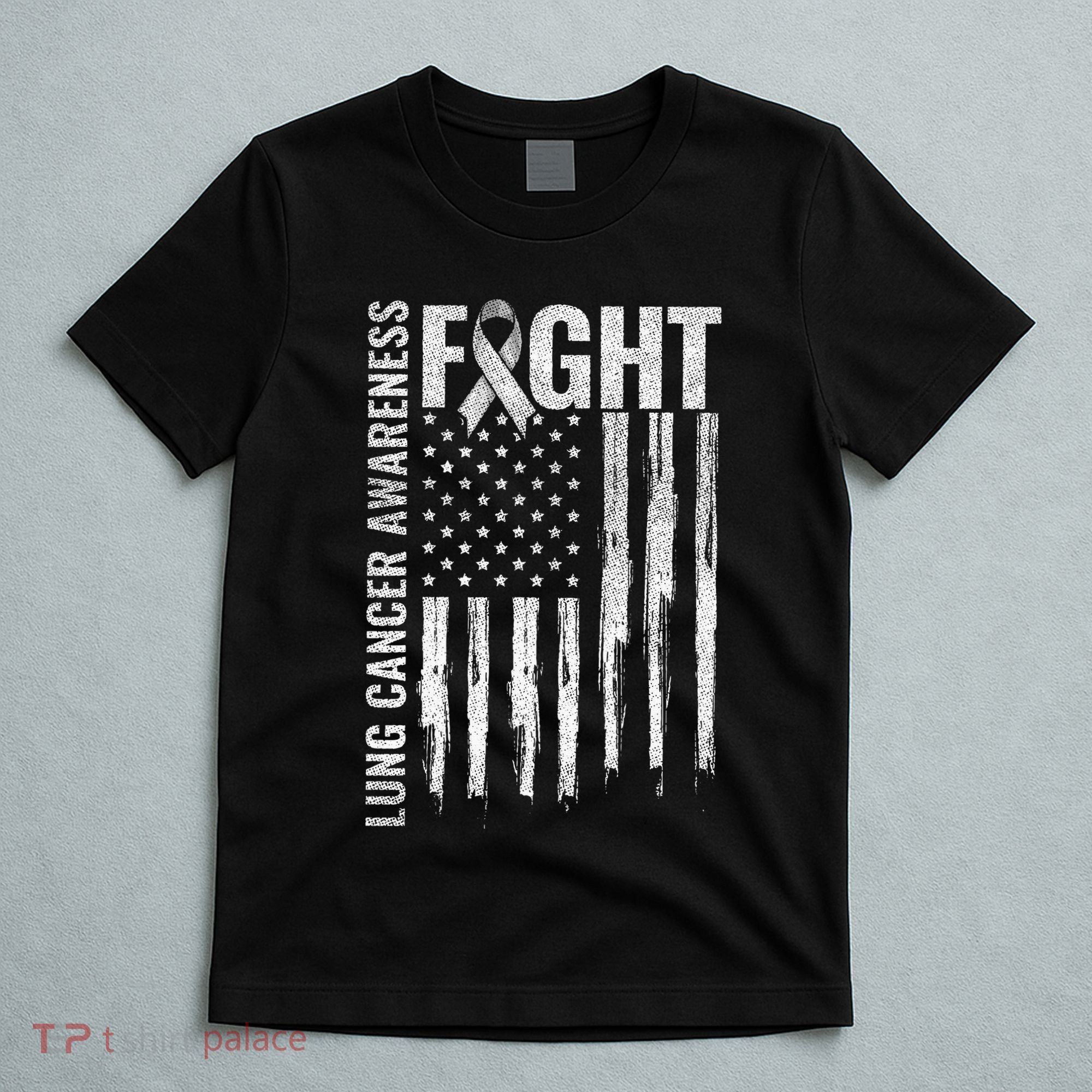 Lung Cancer Awareness White Ribbon Fight Gift USA Flag T-Shirt