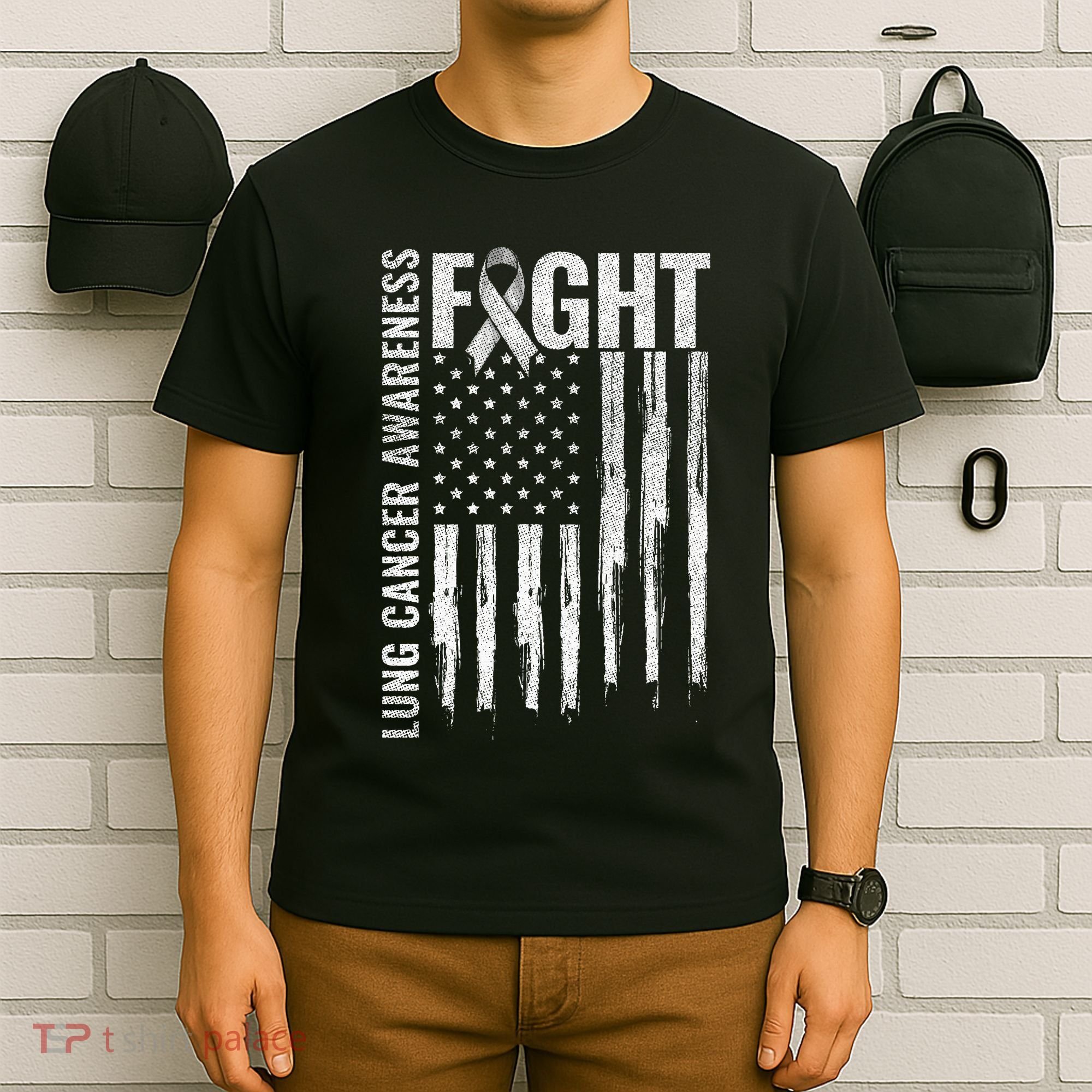 Lung Cancer Awareness White Ribbon Fight Gift USA Flag T-Shirt