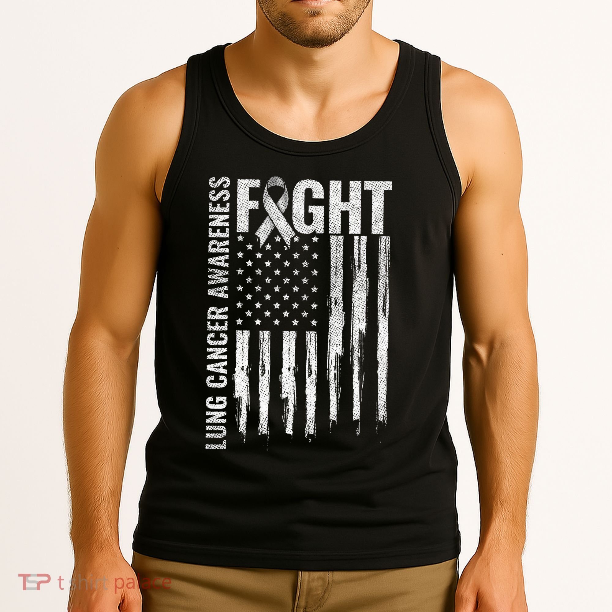 Lung Cancer Awareness White Ribbon Fight Gift USA Flag Tank Top