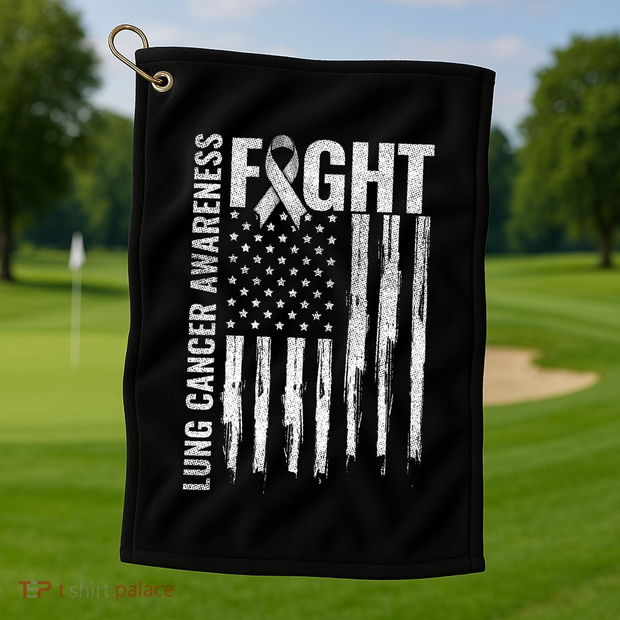 Lung Cancer Awareness White Ribbon Fight Gift USA Flag Golf Towel