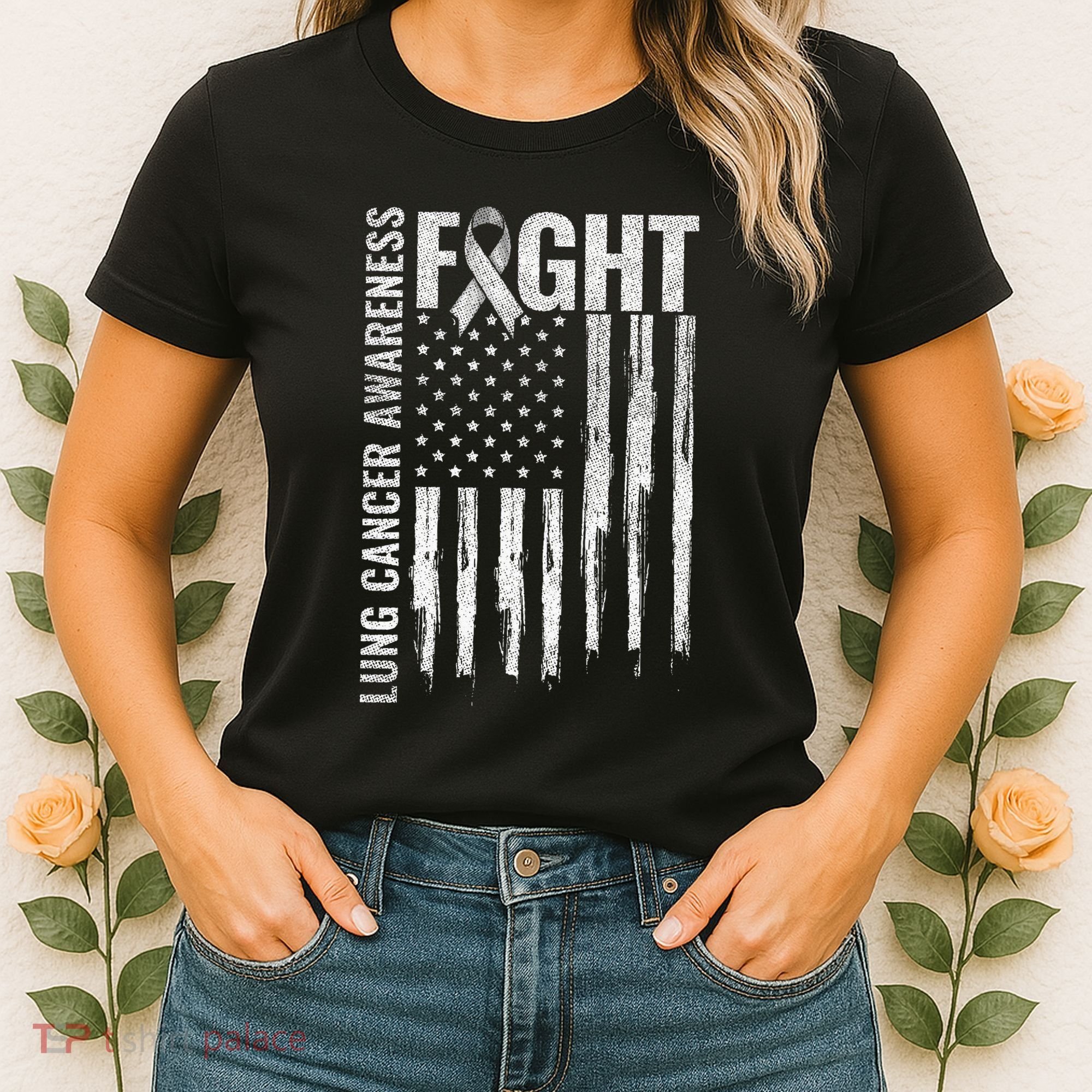 Lung Cancer Awareness White Ribbon Fight Gift USA Flag Women's T-Shirt