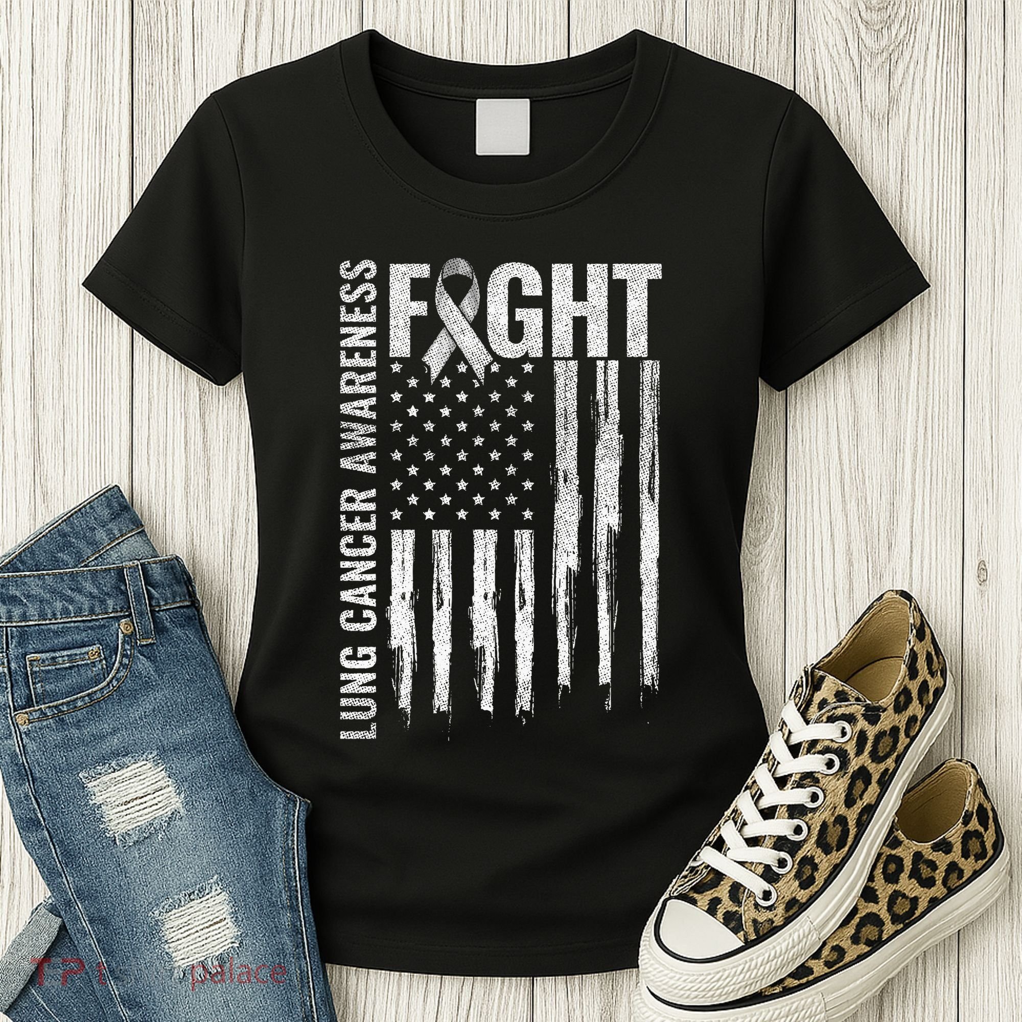 Lung Cancer Awareness White Ribbon Fight Gift USA Flag Women's T-Shirt