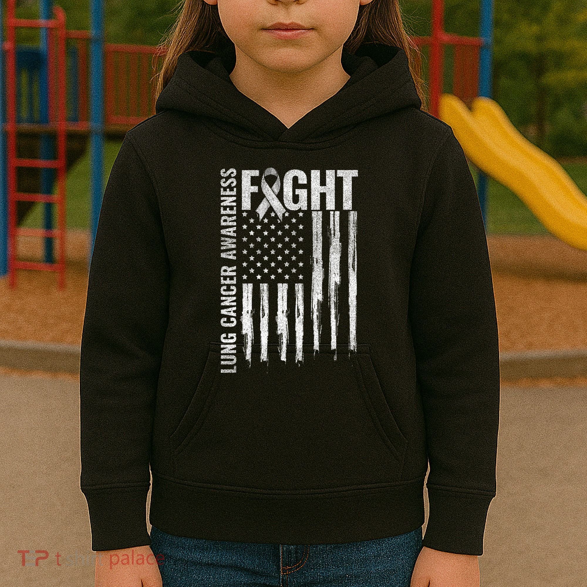 Lung Cancer Awareness White Ribbon Fight Gift USA Flag Kids Hoodie