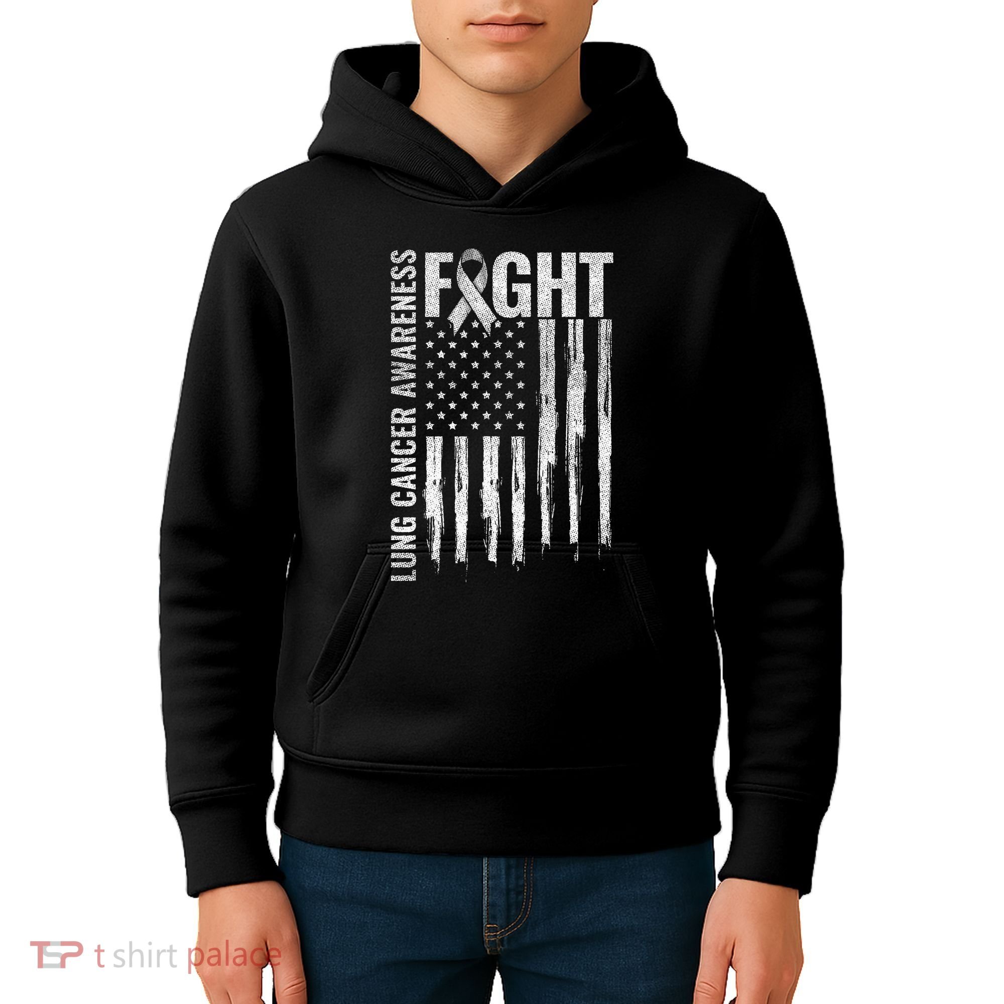 Lung Cancer Awareness White Ribbon Fight Gift USA Flag Kids Hoodie