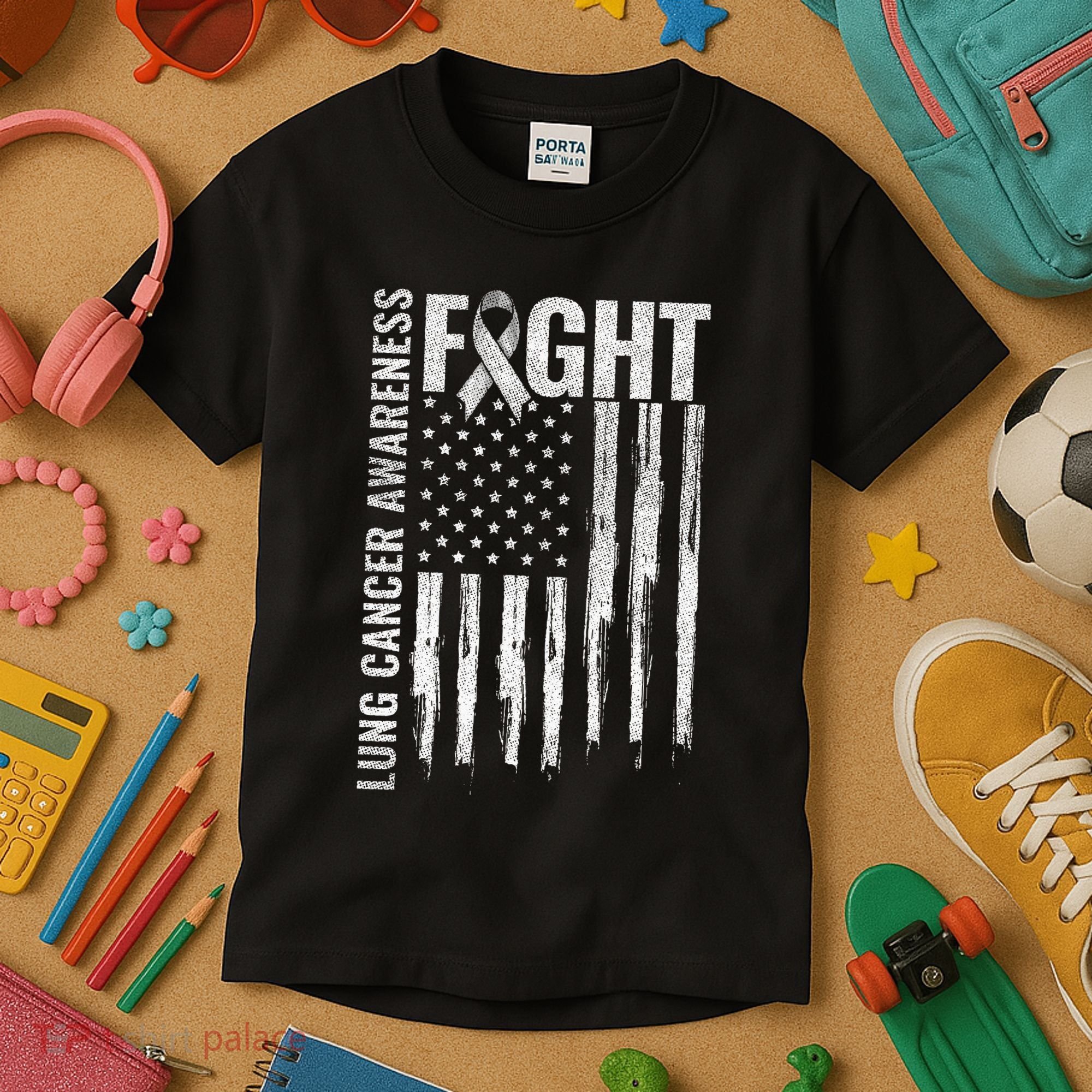 Lung Cancer Awareness White Ribbon Fight Gift USA Flag Kids T-Shirt