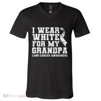 Lung Cancer Awareness White Ribbon Grandpa Gift V-Neck T-Shirt thumb 0