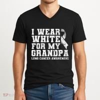 Lung Cancer Awareness White Ribbon Grandpa Gift V-Neck T-Shirt thumb 2