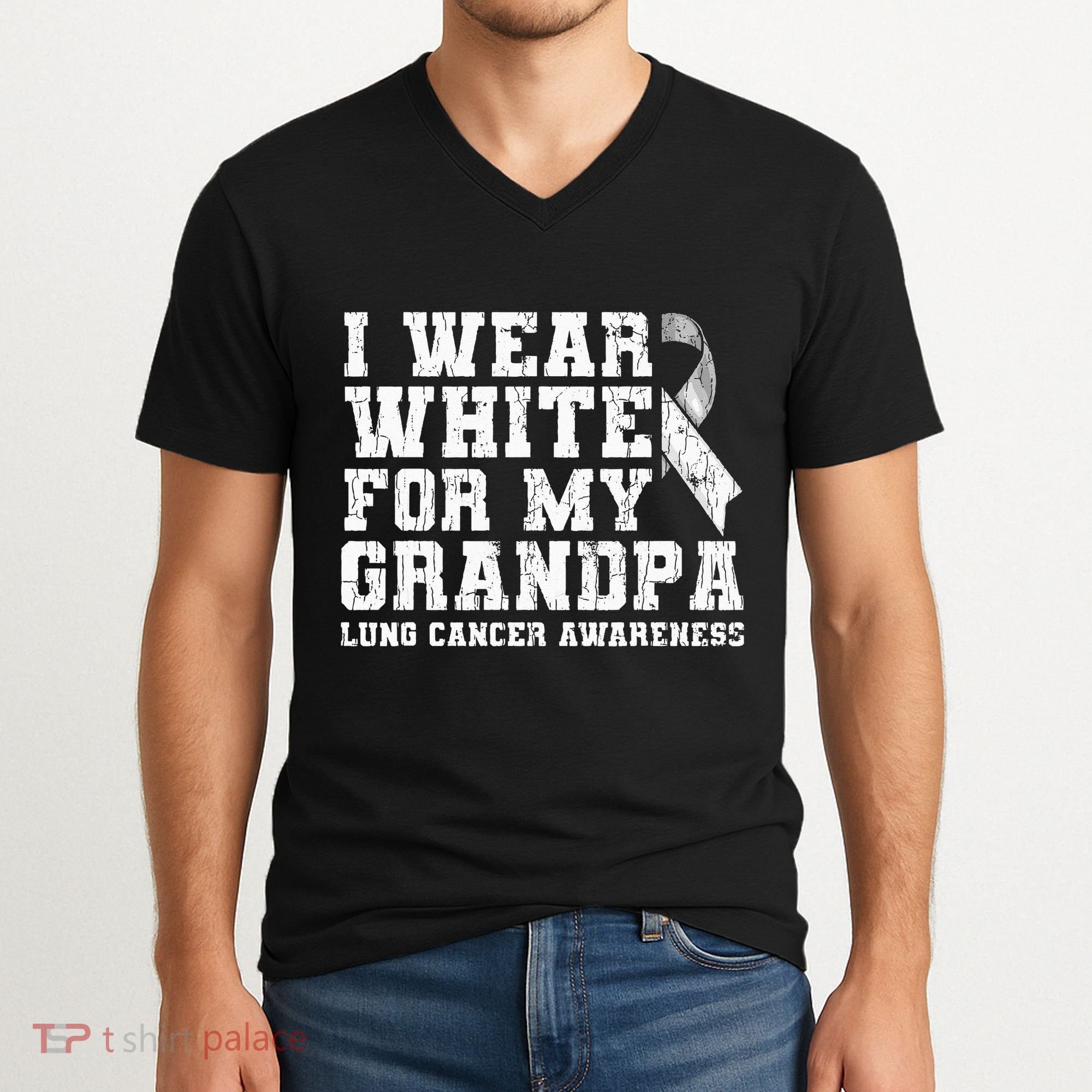 Lung Cancer Awareness White Ribbon Grandpa Gift V-Neck T-Shirt